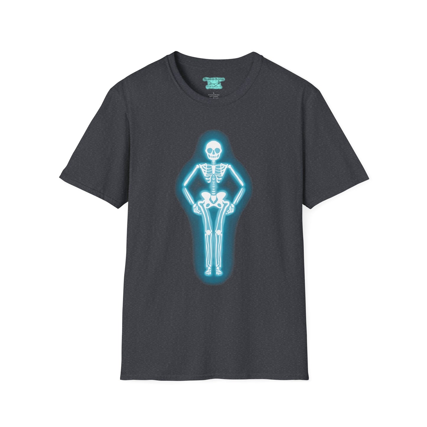 Neon Skeleton Graphic T-Shirt, Glowing Blue Neon Sign Tee, Unisex Skeleton Shirt