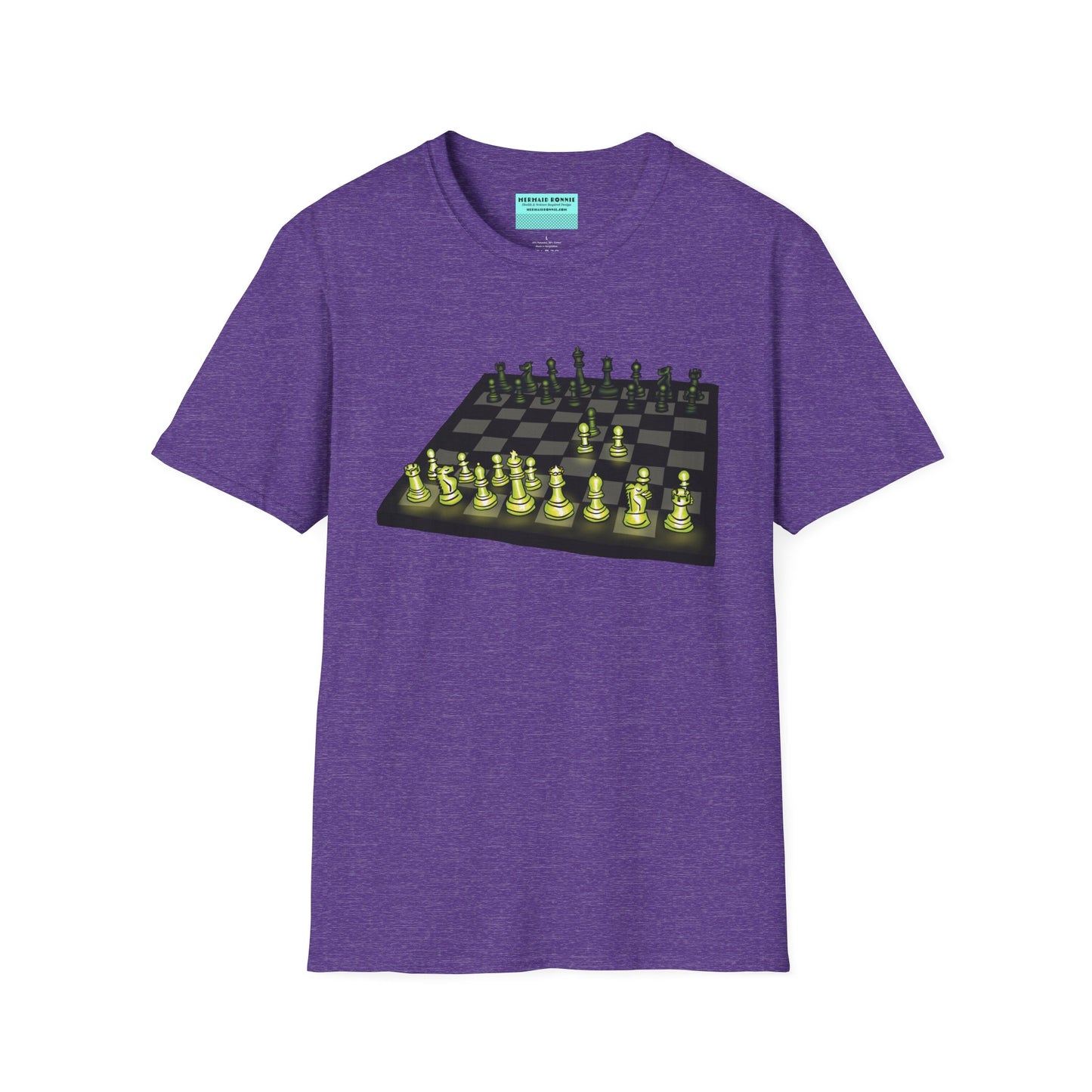 Light purple unisex short-sleeve t-shirt featuring an electrifying chess board with glowing pieces mid–Queen’s Gambit, because nothing says “checkmate” like opening with flair and a radiant strategy.