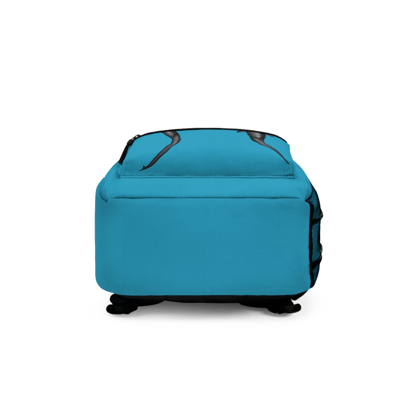 Bottom of a turquoise blue backpack featuring a dynamic duo of hammerhead sharks gliding across the front—because nothing says "ready to tackle the day" like marine muscle and cartilaginous cool.