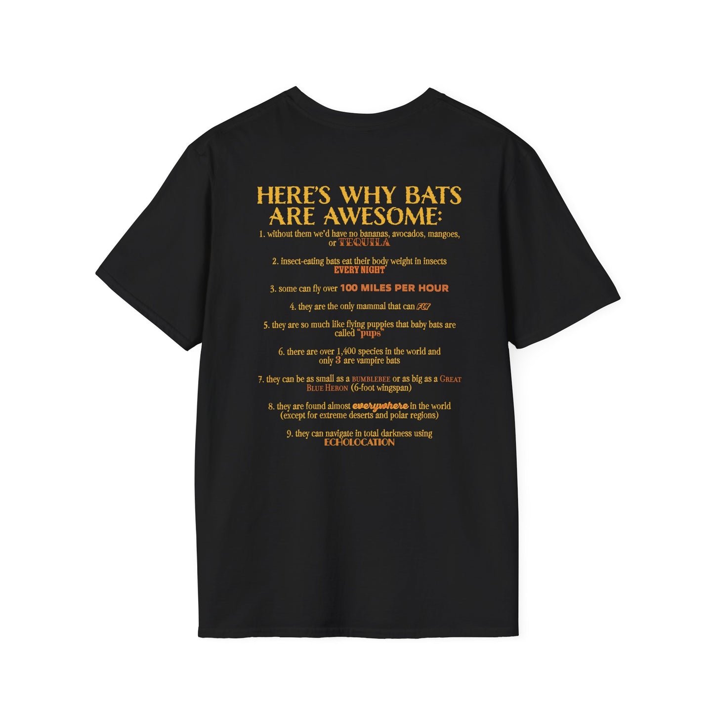 Back of a black t-shirt that reads “Here’s why bats are awesome,” followed by a fun list of 9 bat facts—because who doesn’t want wearable proof that bats are the underrated rockstars of the animal kingdom?