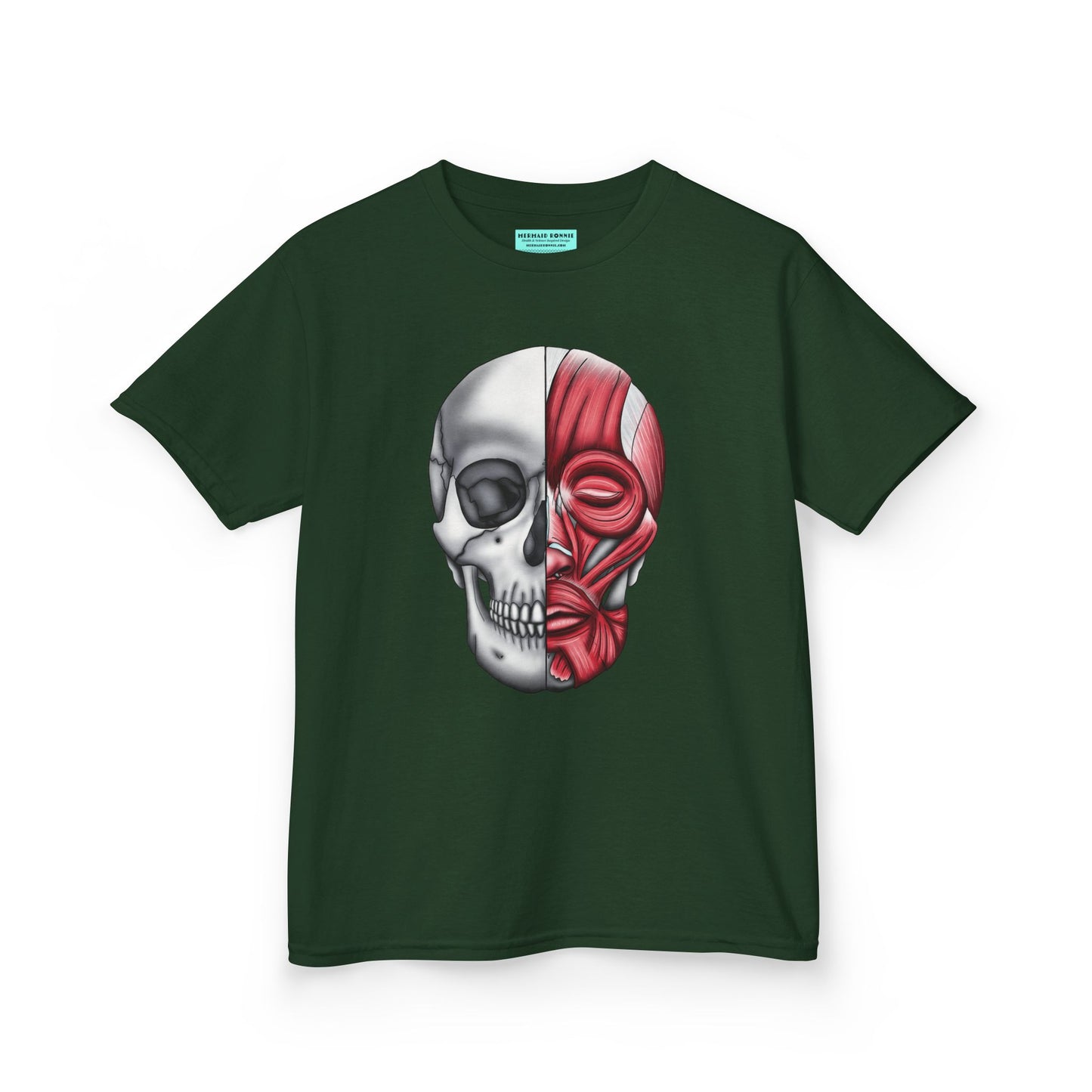 Kids' t-shirt in forest green featuring an anatomical drawing of a human skull, with facial muscles illustrated on one half of the skull.