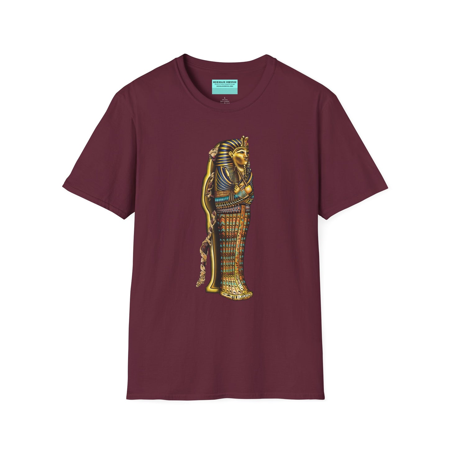 Burgundy t-shirt featuring an illustration of an Egyptian sarcophagus, with a mummy stepping out of it and glowing red eyes.