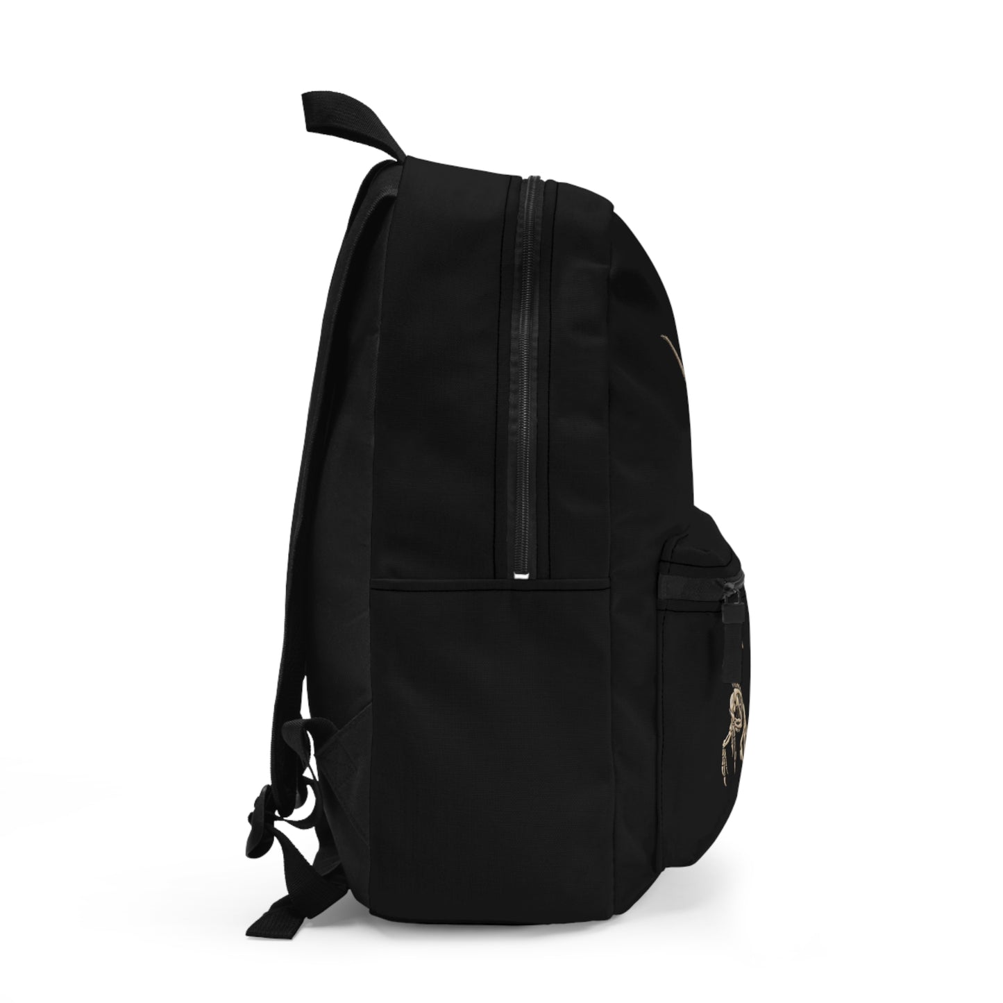 Side view of a black backpack featuring illustrations of two velociraptor skeletons in a dynamic, fossil-style design