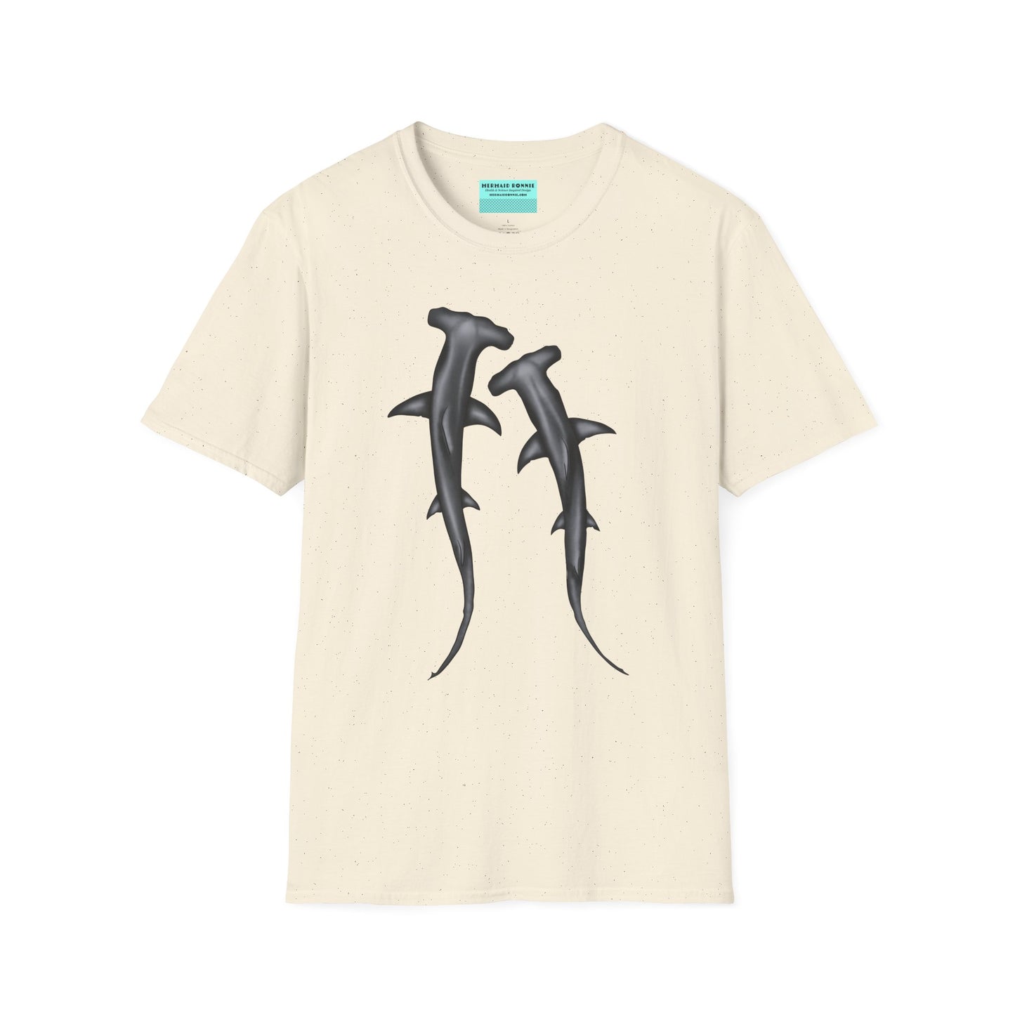Beige t-shirt featuring an illustration of two hammerhead sharks.