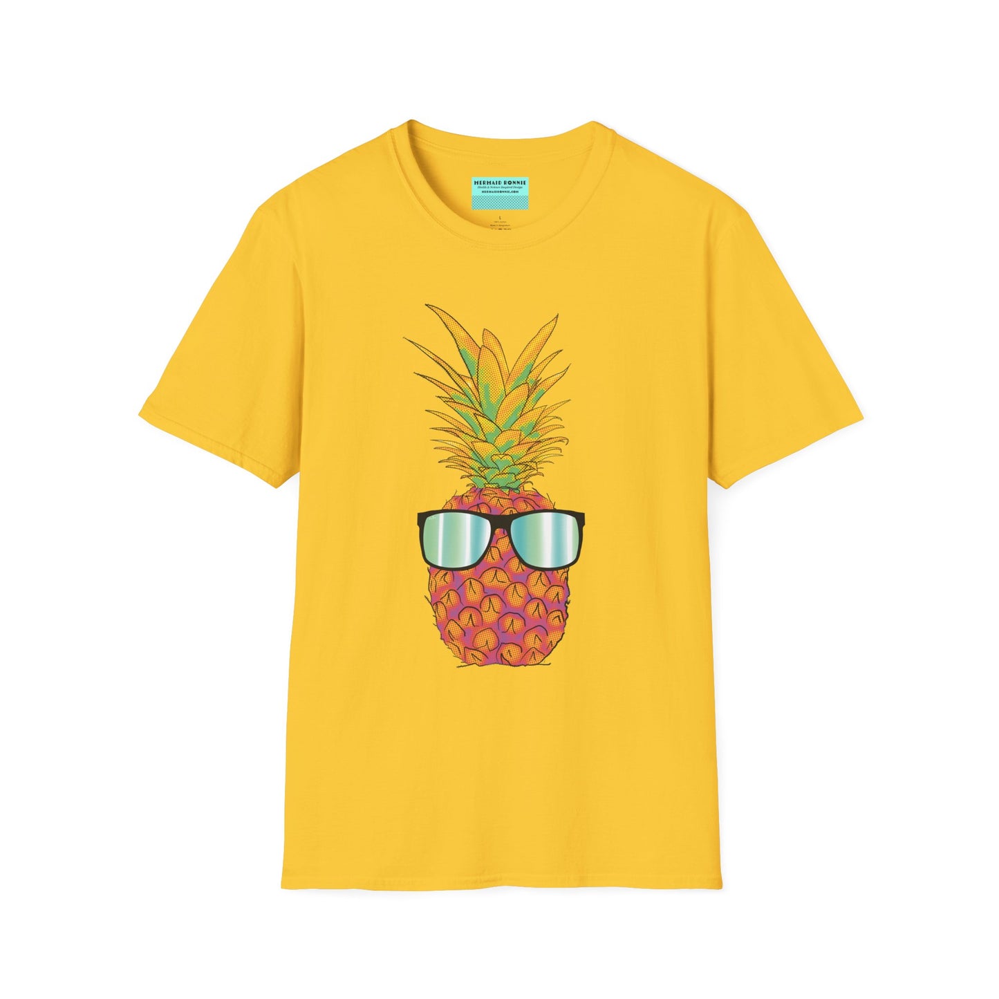 Yellow t-shirt featuring a drawing of a pineapple wearing sunglasses.