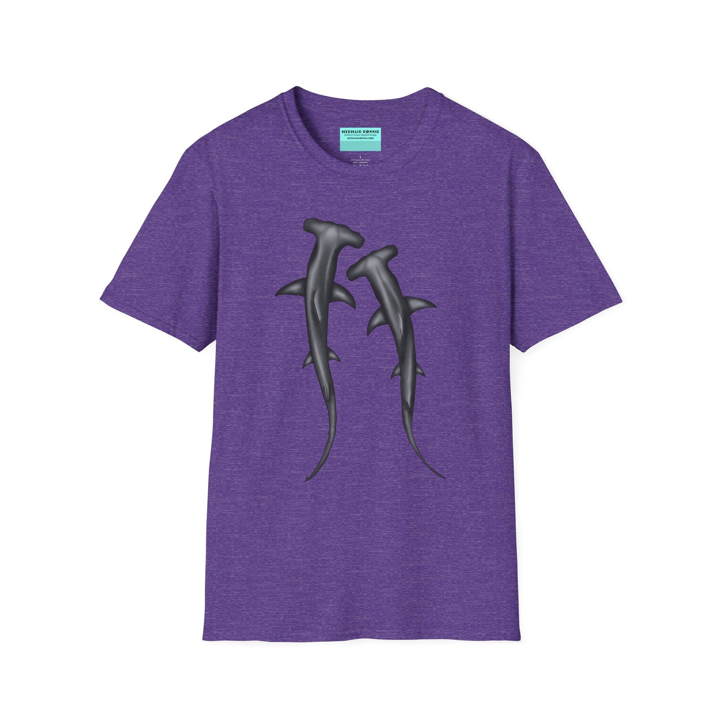 Purple t-shirt featuring an illustration of two hammerhead sharks.