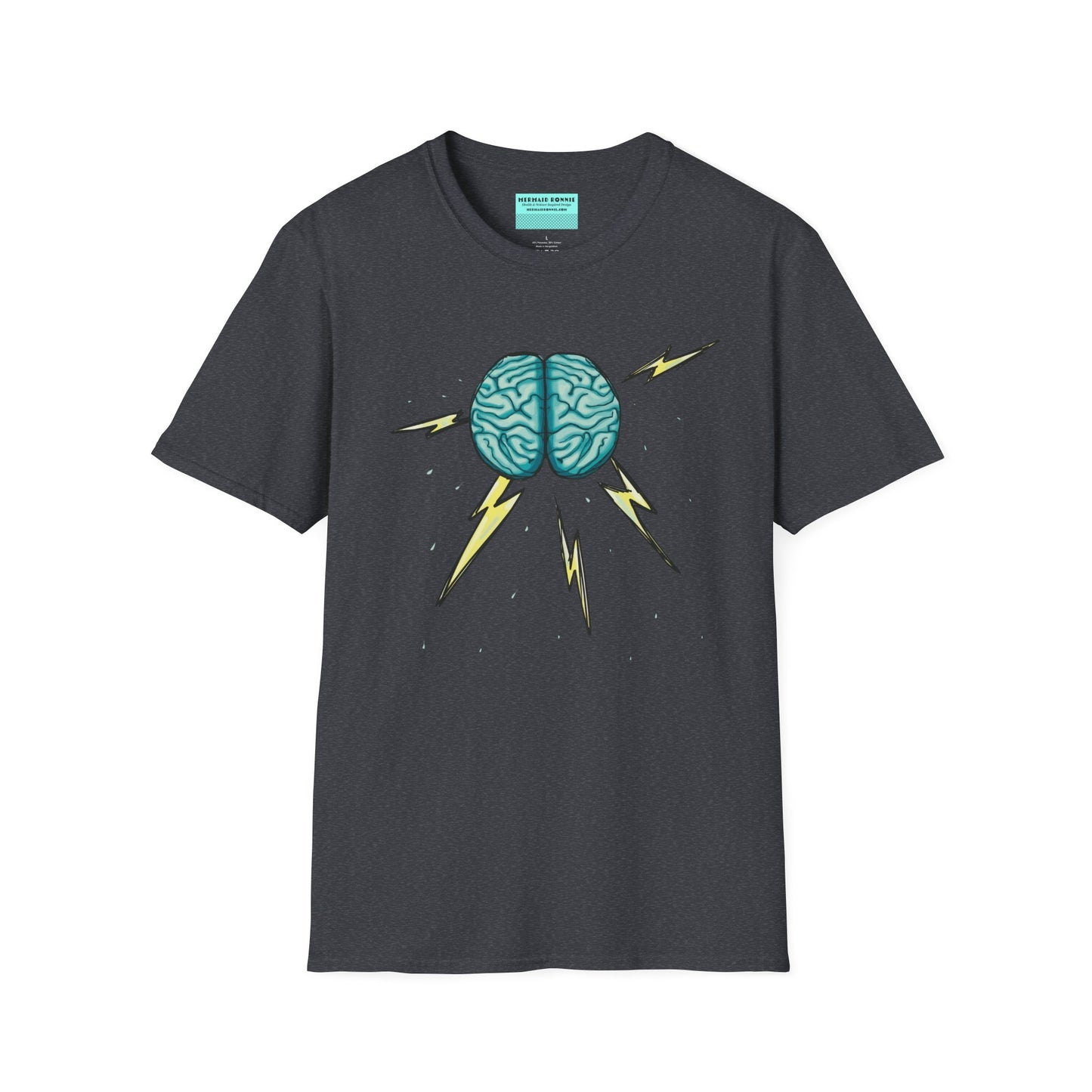 Dark grey unisex short sleeve tee featuring an illustration of a brain with lightning bolts and rain pouring from it, giving a literal twist to the term "brainstorm"—because sometimes, even the best ideas need a little weathering!