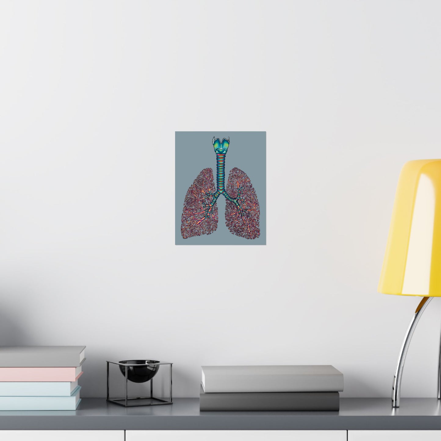 Small anatomical lungs poster hanging in an office, showing detailed illustrations of the bronchial tree, trachea, and larynx on a blue-grey background.