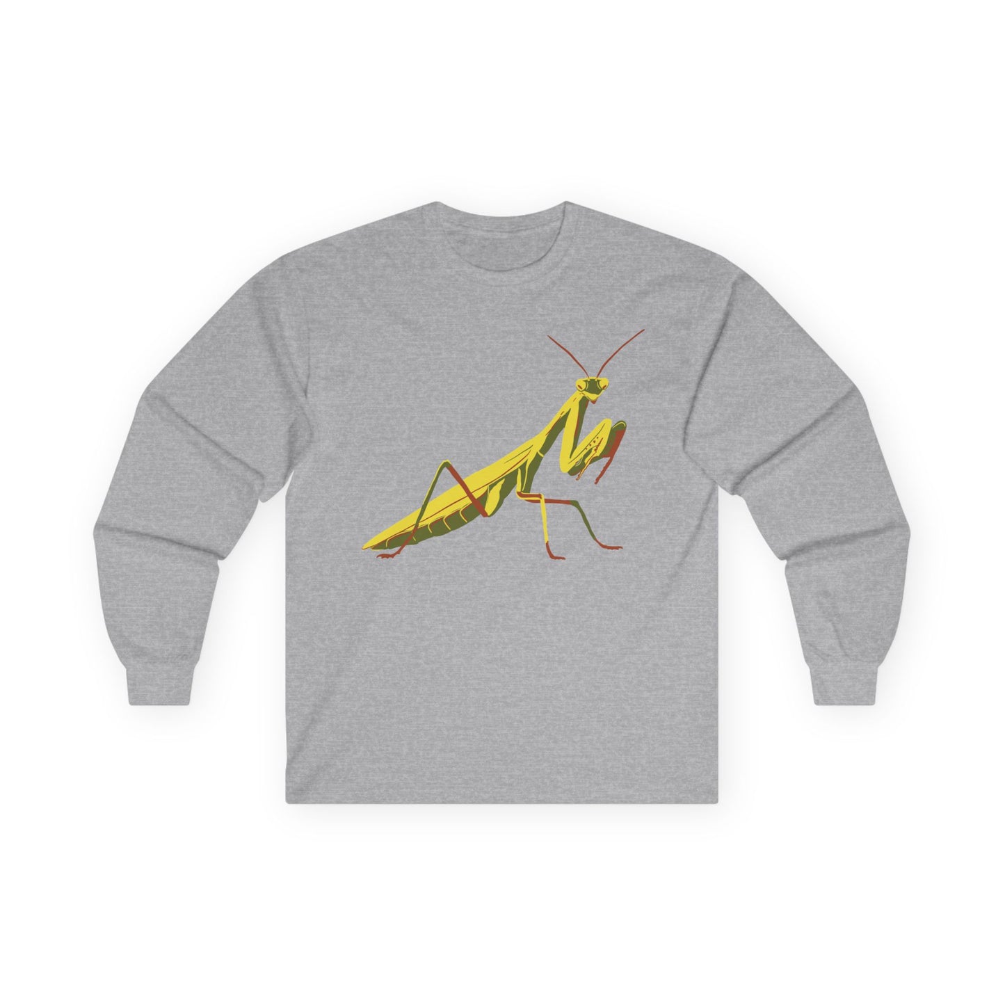 Long sleeve unisex grey shirt featuring an illustration of a yellow and green praying mantis insect on the front.