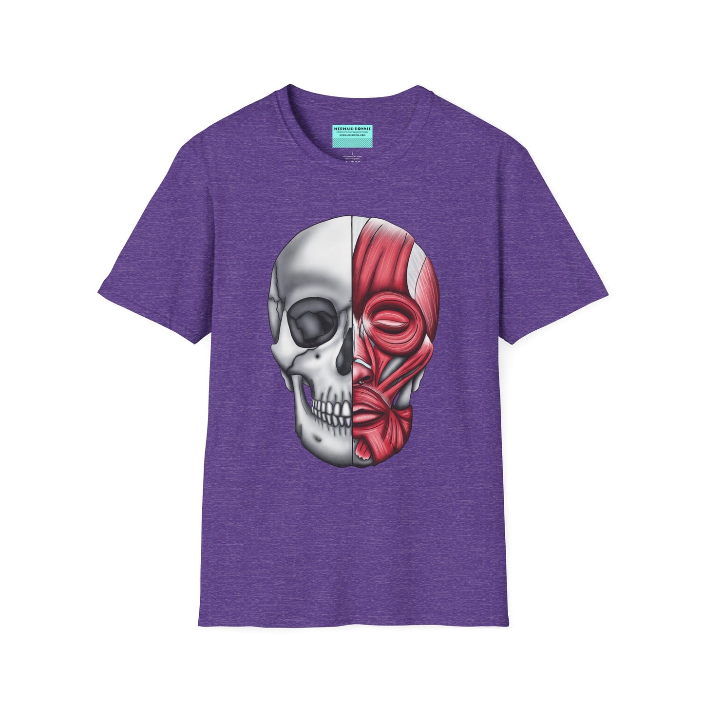 Purple shirt featuring an anatomically correct skull illustration, with half of the skull covered by facial muscles.