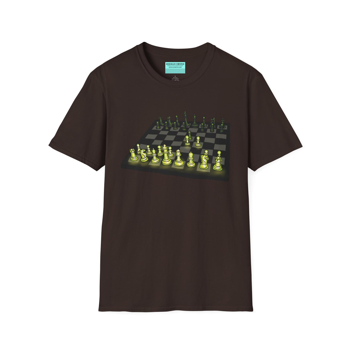Brown unisex short-sleeve t-shirt featuring an electrifying chess board with glowing pieces mid–Queen’s Gambit, because nothing says “checkmate” like opening with flair and a radiant strategy.