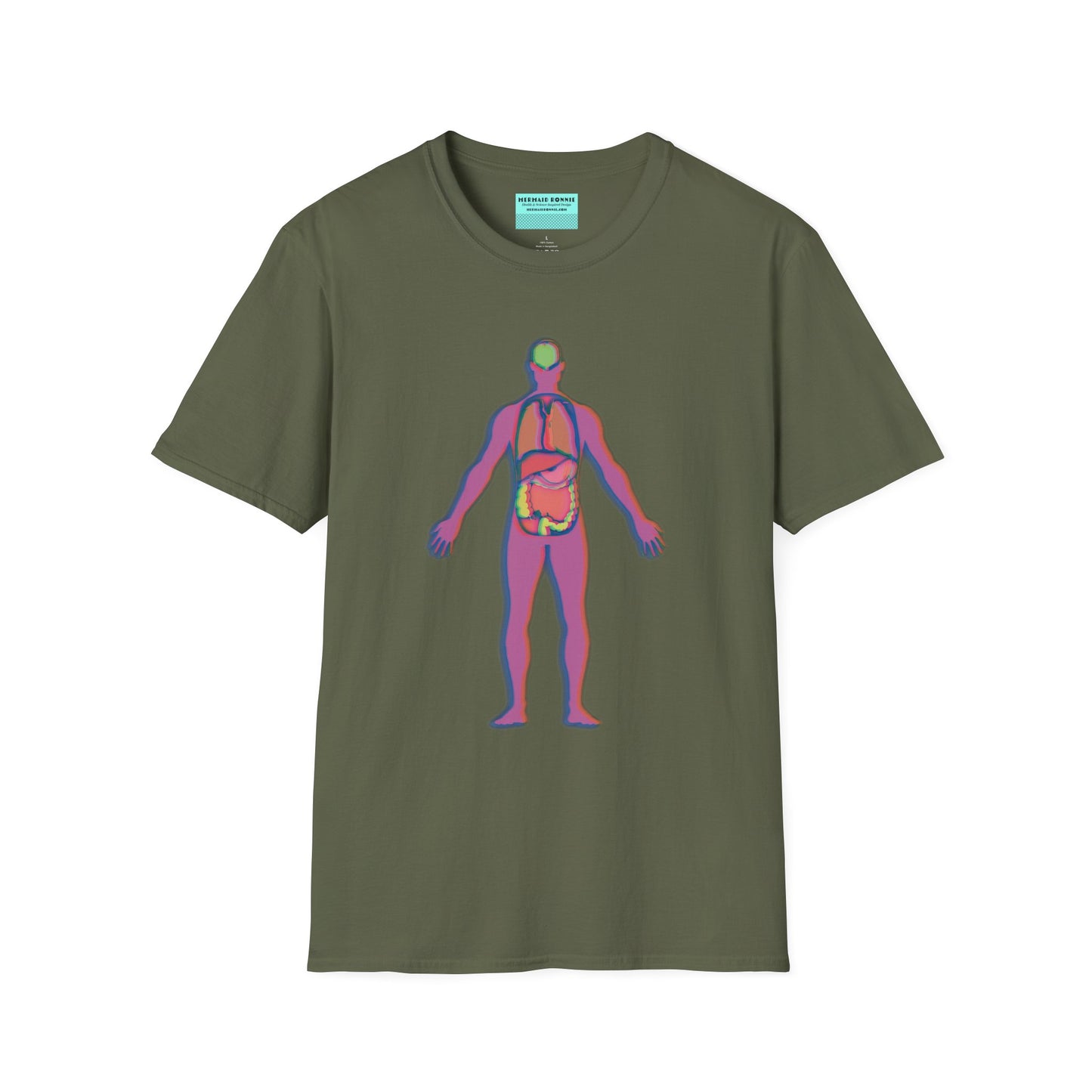Military green t-shirt featuring an illustration of an anatomical figure with internal organs shown in different colors.