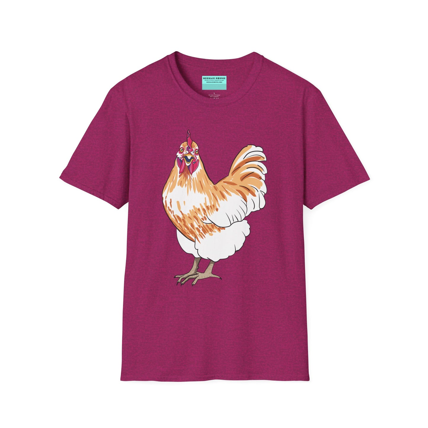 Fuscia t-shirt featuring an illustration of a chicken.