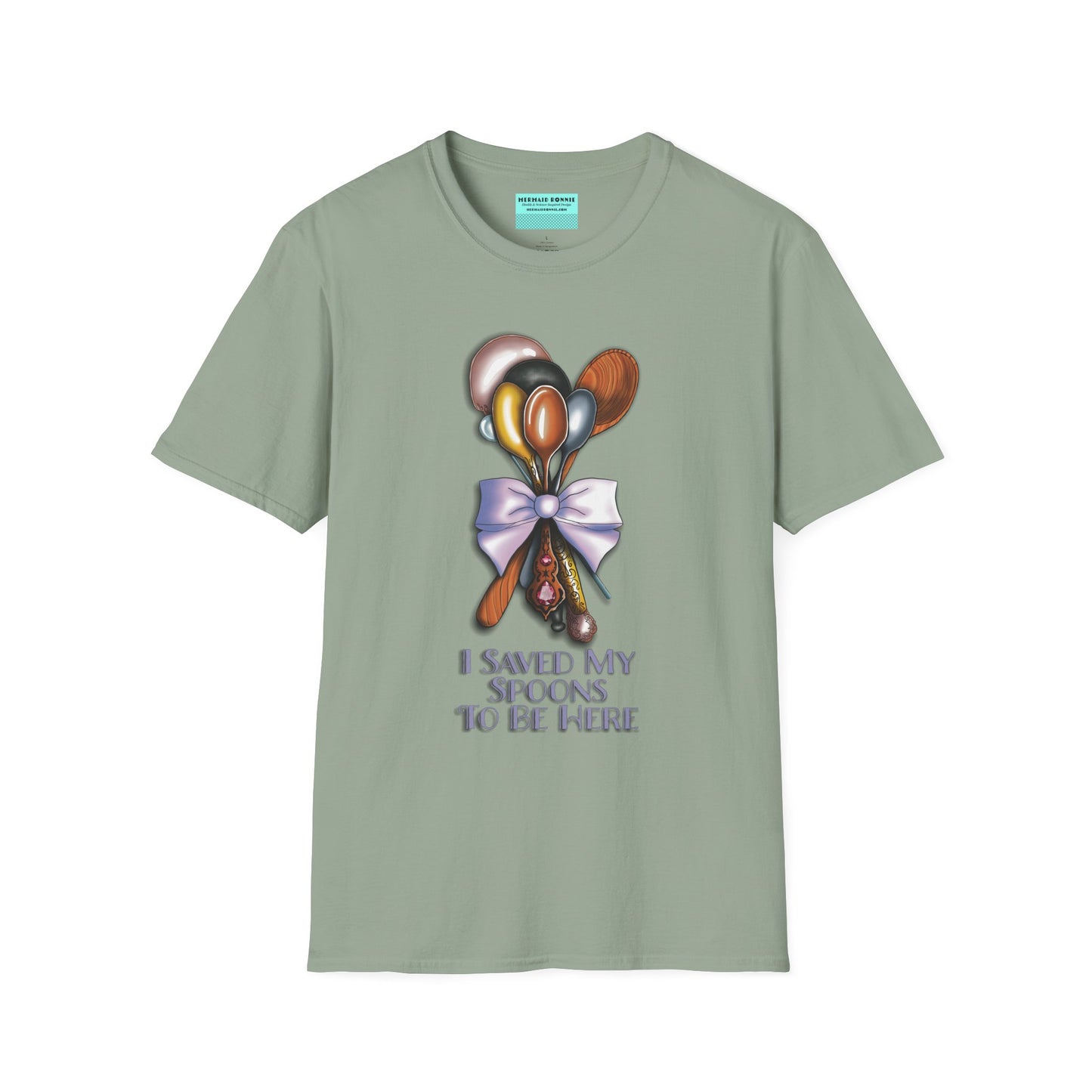 Green t-shirt with an illustration of a bouquet of spoons and the phrase 'I saved my spoons to be here' printed on the front.