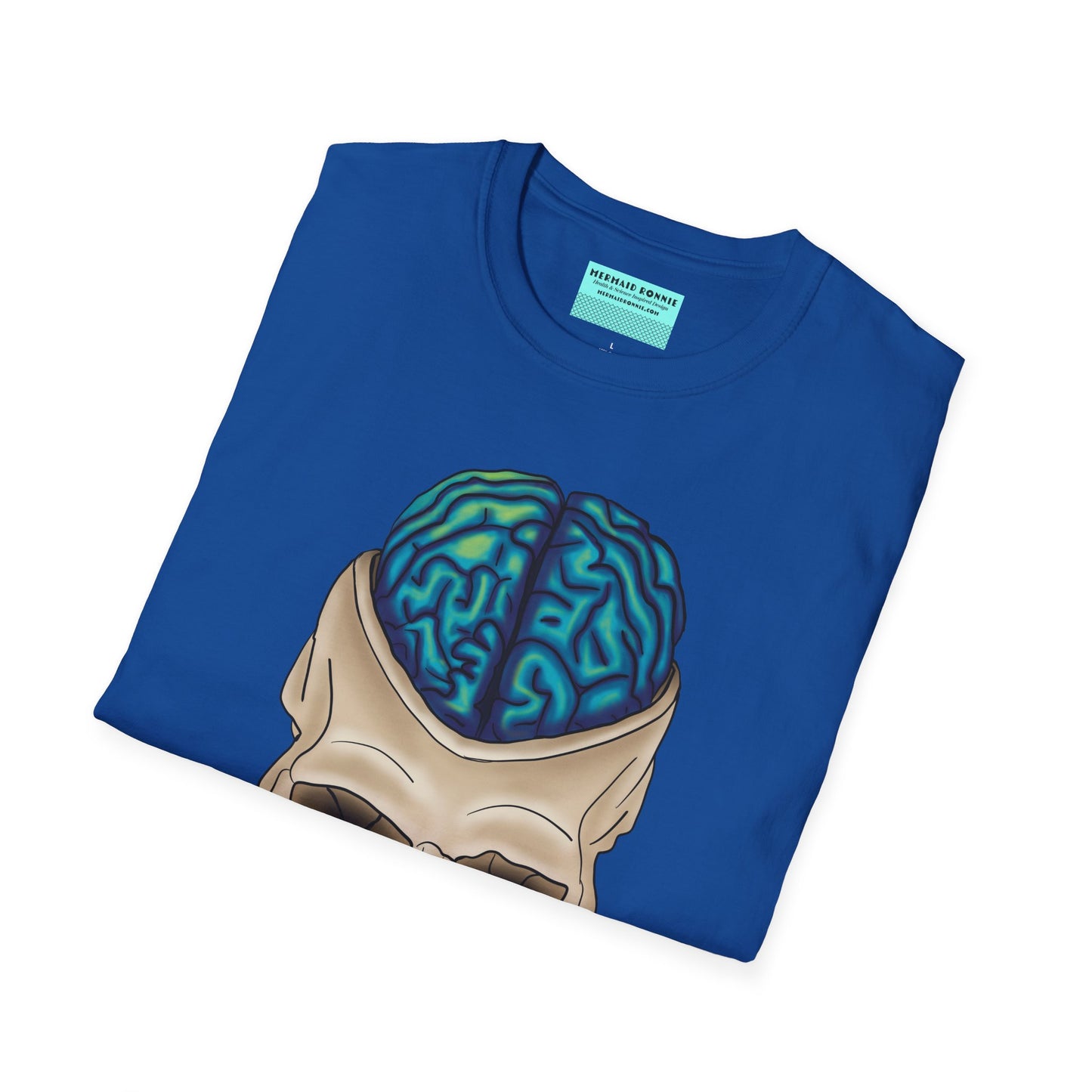 Folded blue t-shirt featuring a drawing of an anatomical skull, with a brain emerging from the top.