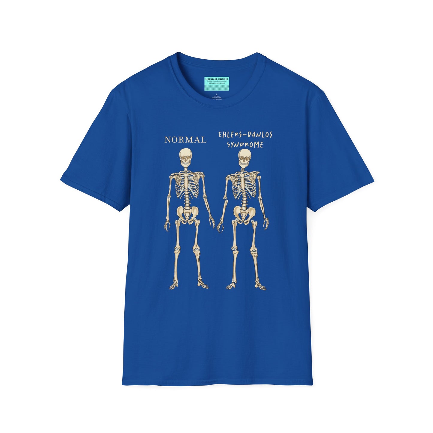 Royal blue unisex short sleeve t-shirt featuring two skeletons side by side—one labeled "normal," the other "Ehlers-Danlos Syndrome"—because connective tissue disorders deserve more visibility (and maybe a sense of humor, too).
