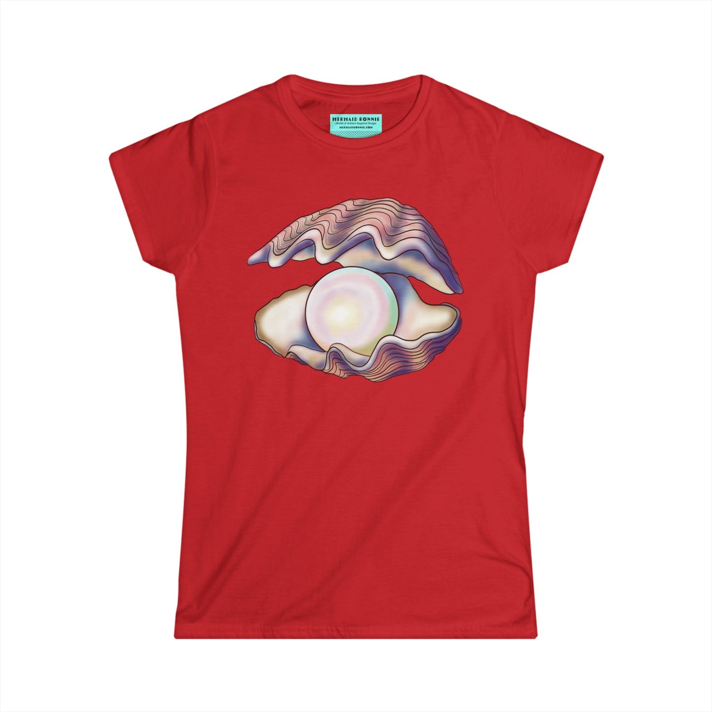 Women’s t-shirt in red featuring an illustration of an open oyster with a large iridescent pearl inside.