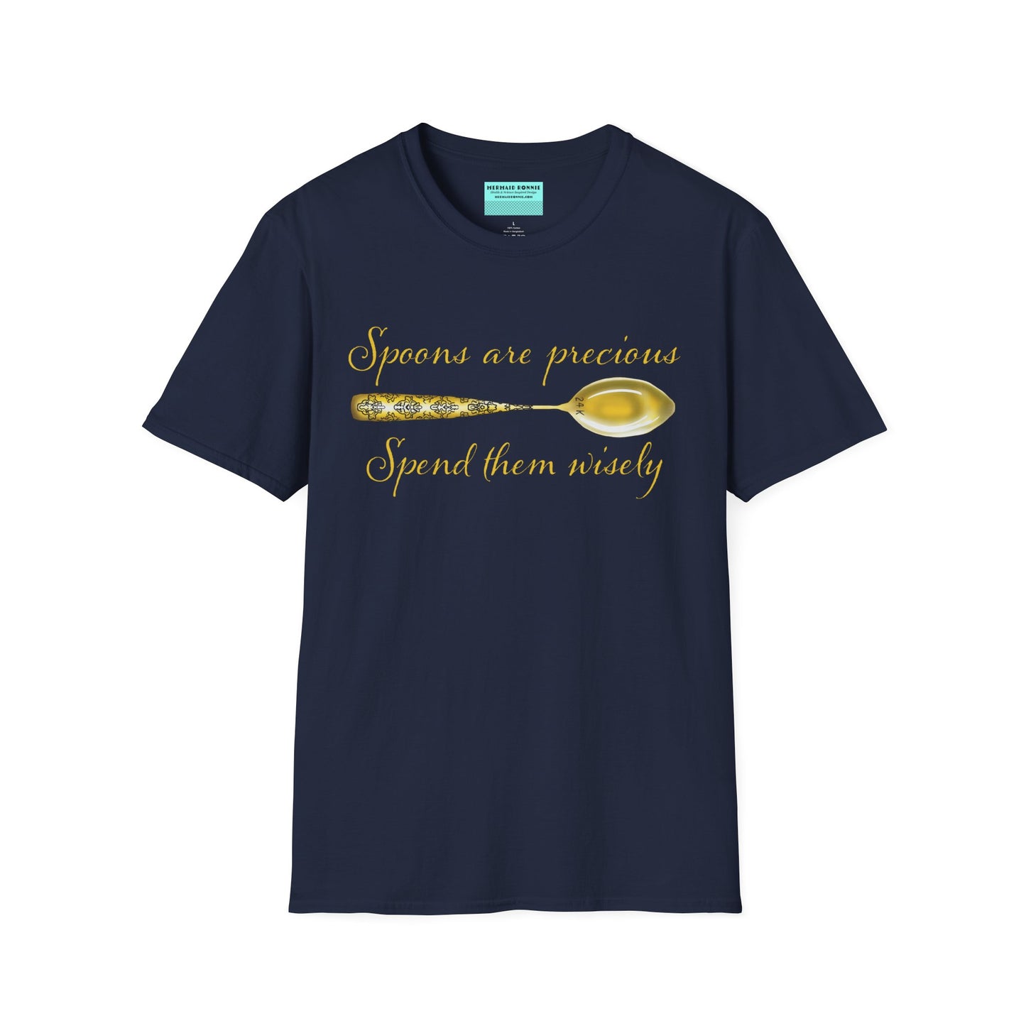 Navy t-shirt featuring a picture of a gold spoon and the phrase 'Spoons are precious, spend them wisely.'