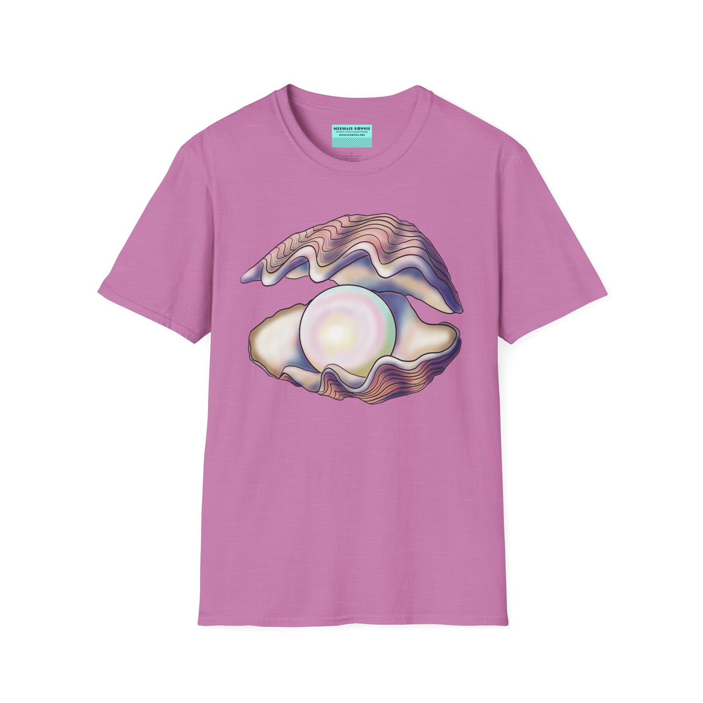 Light purple t-shirt featuring an illustration of a large oyster with a luminescent pearl inside.