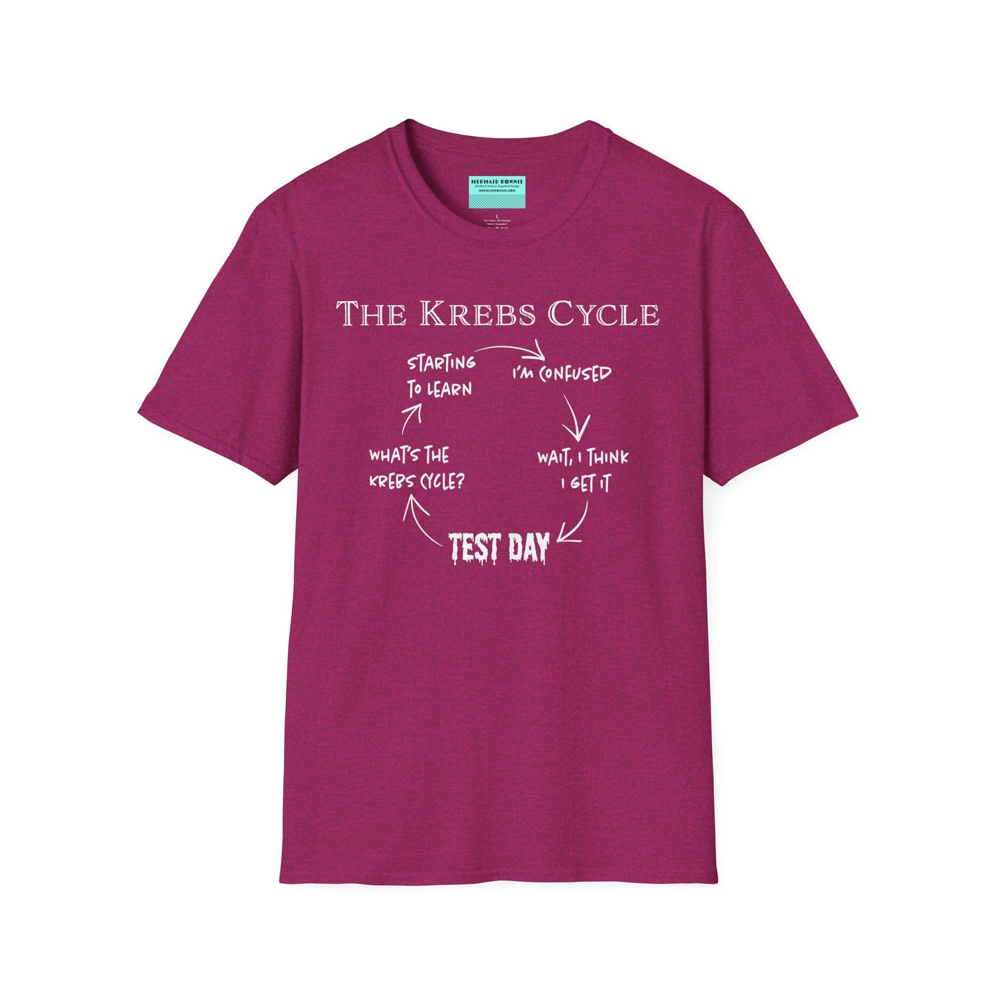 Pink short-sleeve unisex t-shirt with the text “The Krebs Cycle” above a circular diagram that pokes fun at how impossible it is to memorize the citric acid cycle—because biochemistry builds character... and tears.
