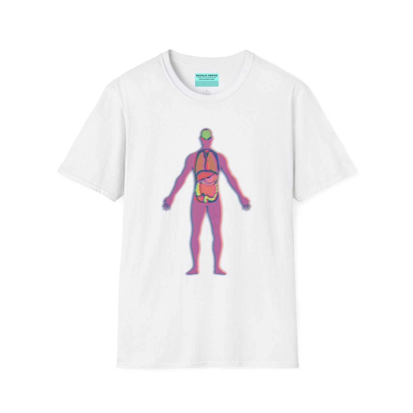 White t-shirt featuring an illustration of an anatomical figure with internal organs shown in different colors.