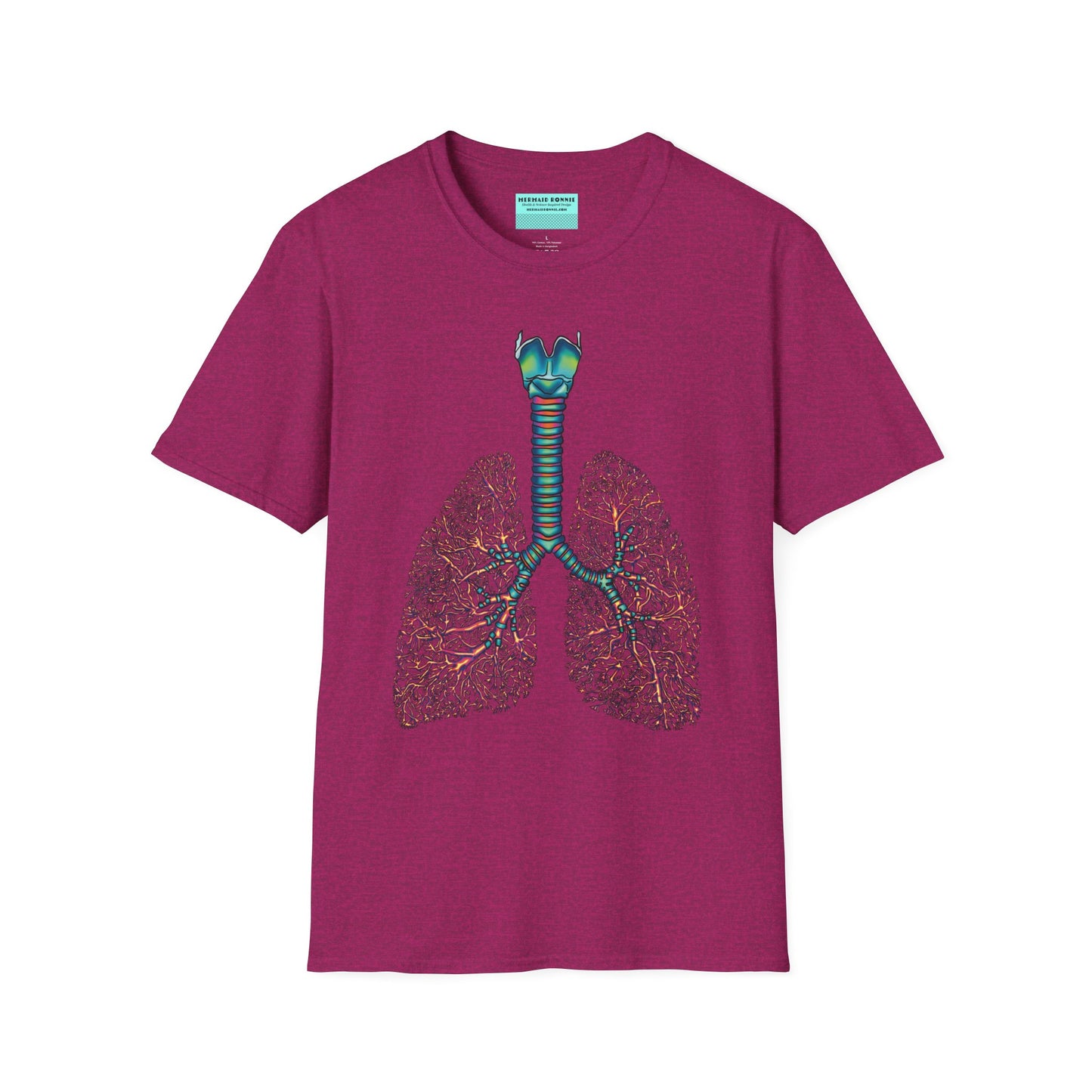 Fuscia t-shirt featuring an illustration of anatomical lungs, including the bronchi, trachea, and larynx.