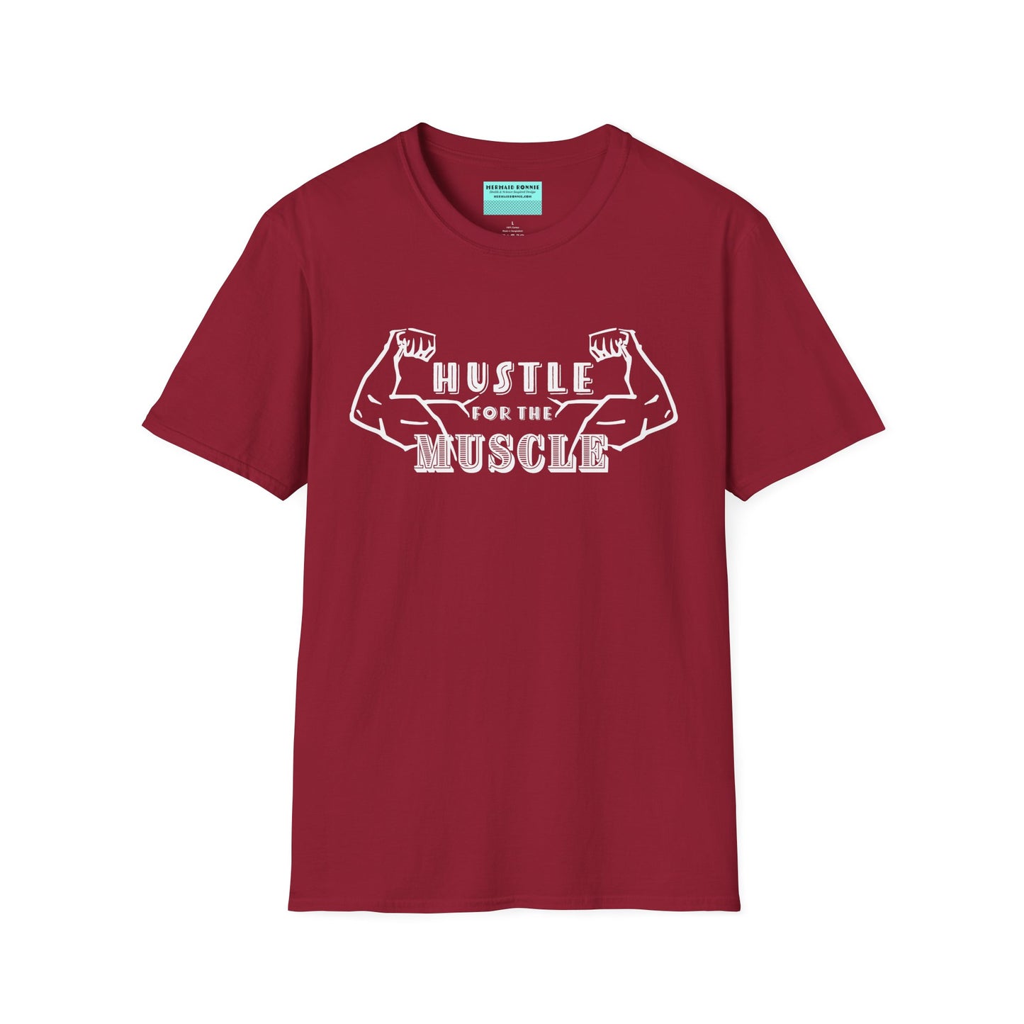 Red unisex short sleeve t-shirt featuring a pair of flexed, muscle-bound arms and the bold text "Hustle for the Muscle"—because gains don’t come from wishes, they come from reps.