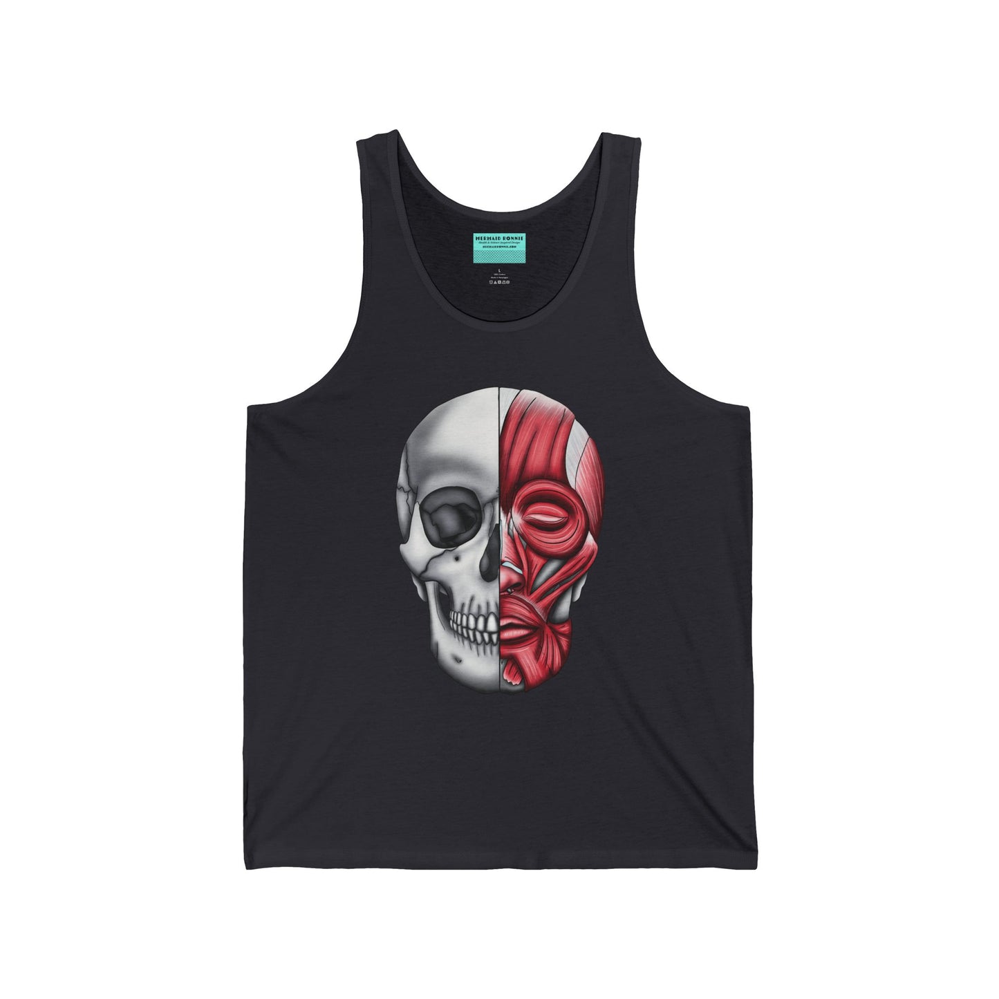 A dark grey unisex adult tank top with a detailed anatomical skull, half showing the bones and the other half revealing the facial muscles—because who doesn’t want to wear a little “muscle” with their style?