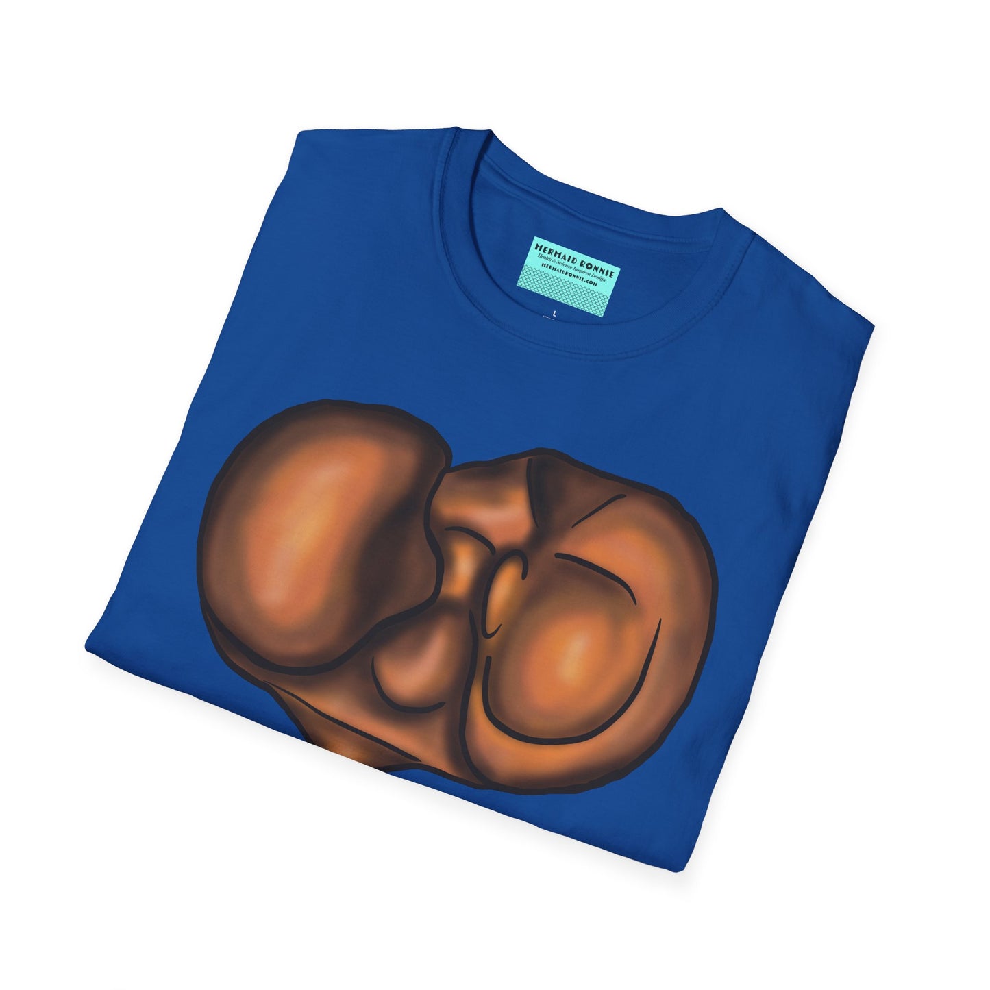 Folded blue unisex short sleeve tee featuring a clever anatomical illustration of the tibial plateau, reimagined as a landscape with rolling hills—because who knew the tibia could be so scenic?