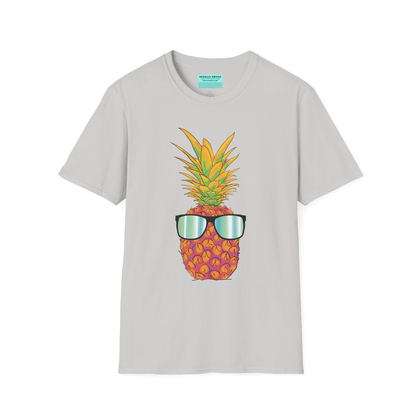 Grey t-shirt featuring a drawing of a pineapple wearing sunglasses.