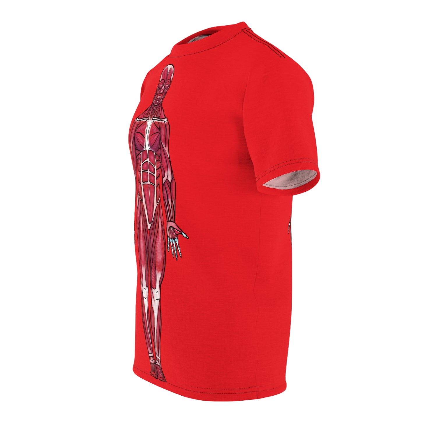 A side-angle view of a red athletic t-shirt featuring a detailed anterior view diagram of the human muscular system printed on the front.