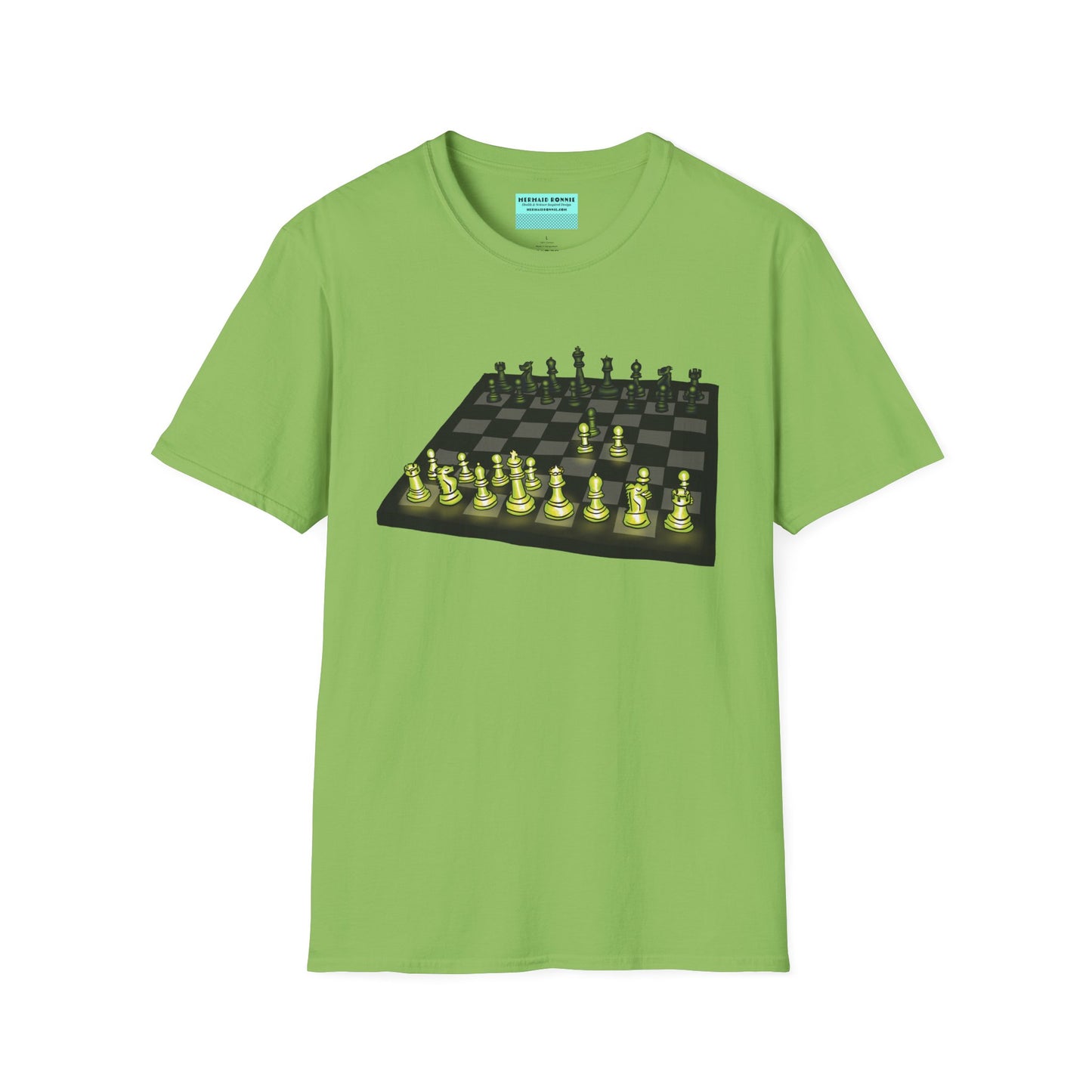 Lime green unisex short-sleeve t-shirt featuring an electrifying chess board with glowing pieces mid–Queen’s Gambit, because nothing says “checkmate” like opening with flair and a radiant strategy.