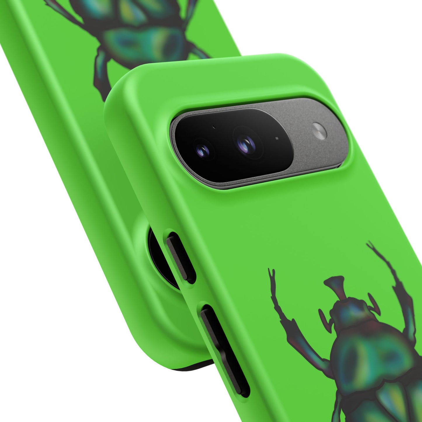 Two lime green phone cases featuring a dazzling illustration of a green and blue June bug—this iridescent little beetle brings all the shine without the buzz.