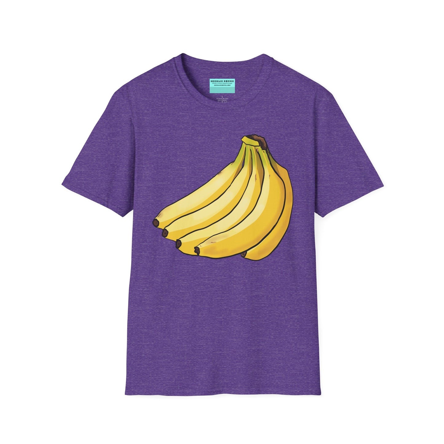 Purple t-shirt featuring an illustration of a bunch of bananas.