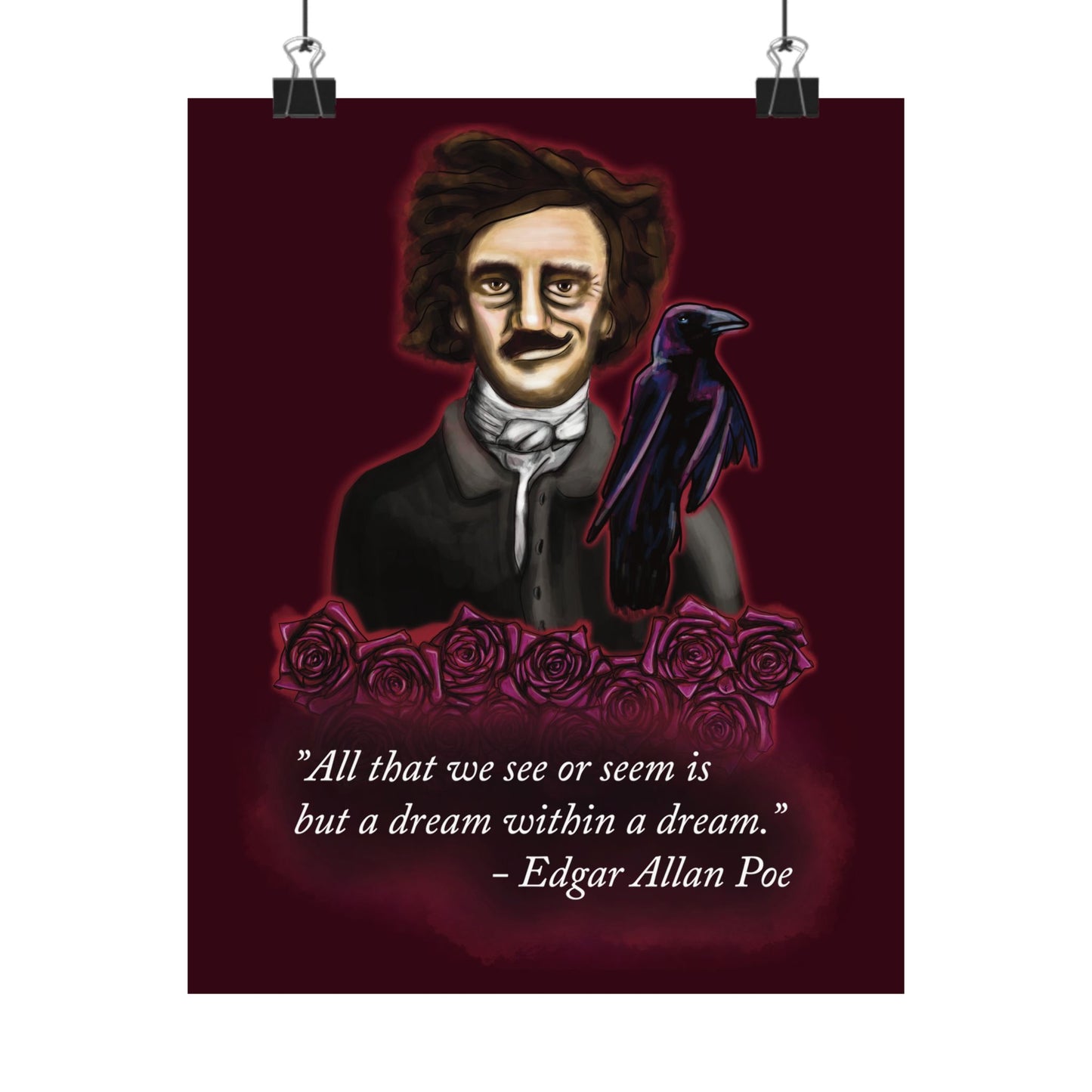 Edgar Allan Poe Wall Poster, Gothic Literary Art Print, Raven and Roses, Dream Within a Dream Quote
