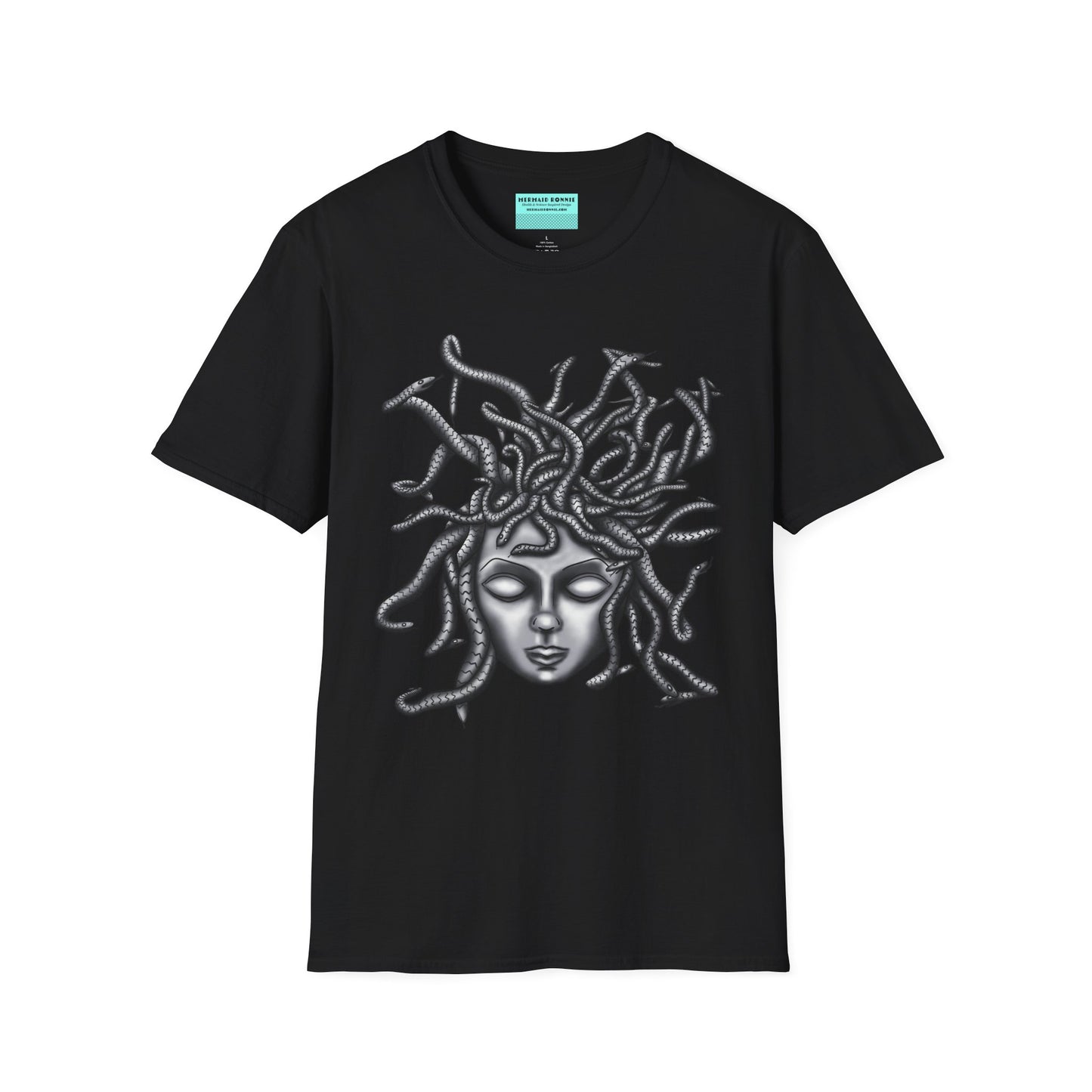 Black t-shirt featuring a grayscale drawing of Medusa.