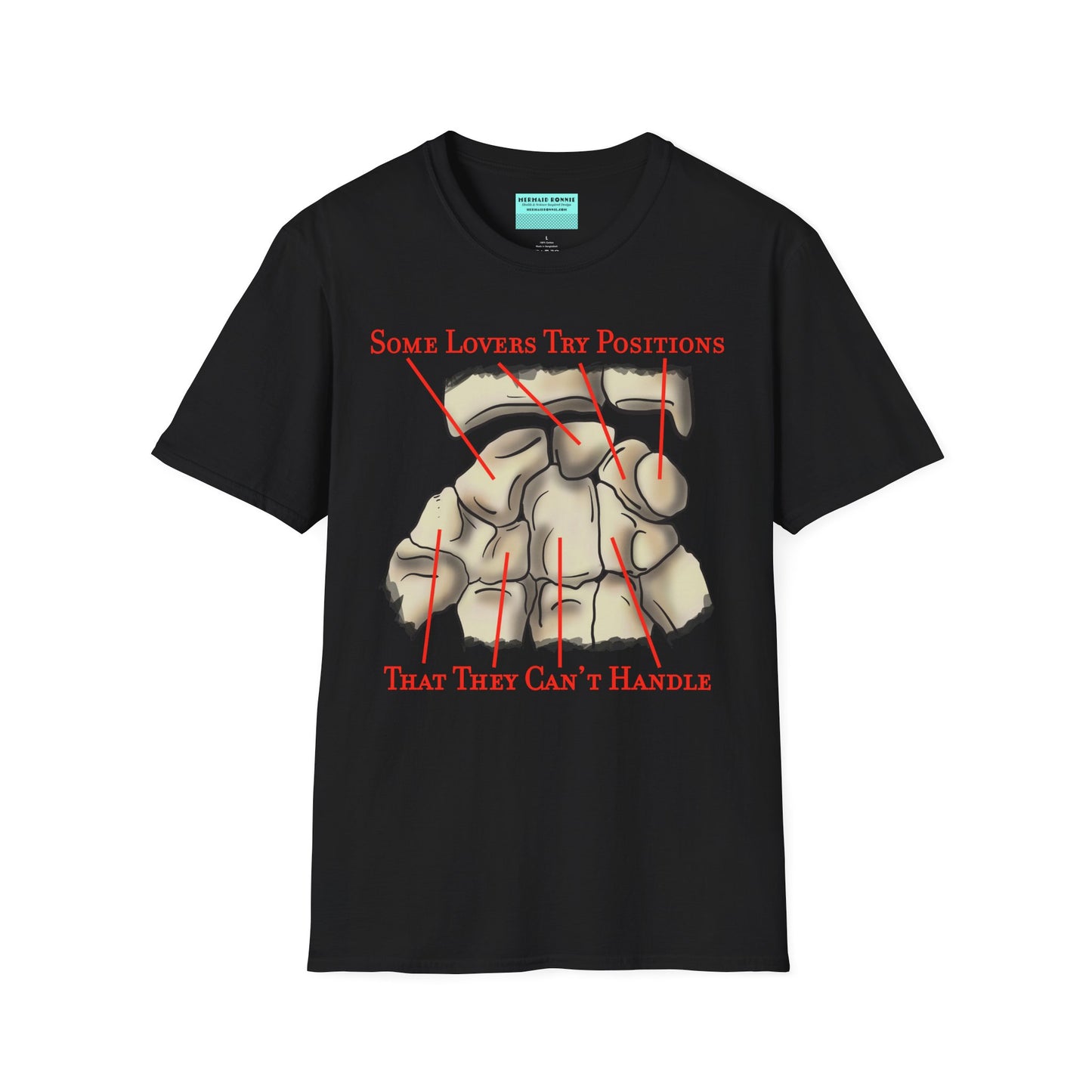 Black t-shirt featuring an anatomical drawing of the carpal bones, with the mnemonic 'Some lovers try positions that they can't handle' displayed.