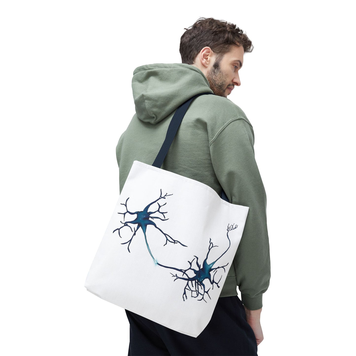 Neuron Tote Bag with Navy Blue Handles, White Bag with Brain Cell Illustration, Anatomy Gift