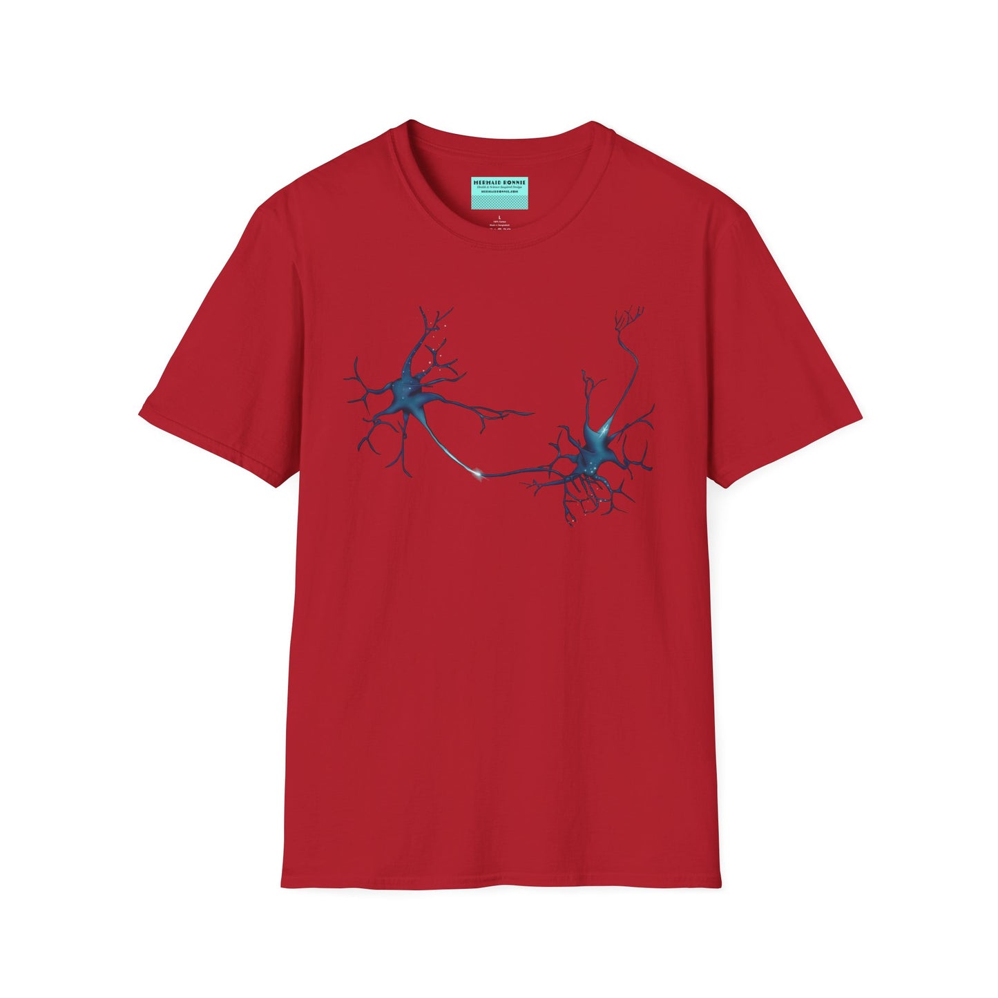 Red t-shirt featuring an illustration of two blue neurons extending toward each other and forming a synapse across the front.