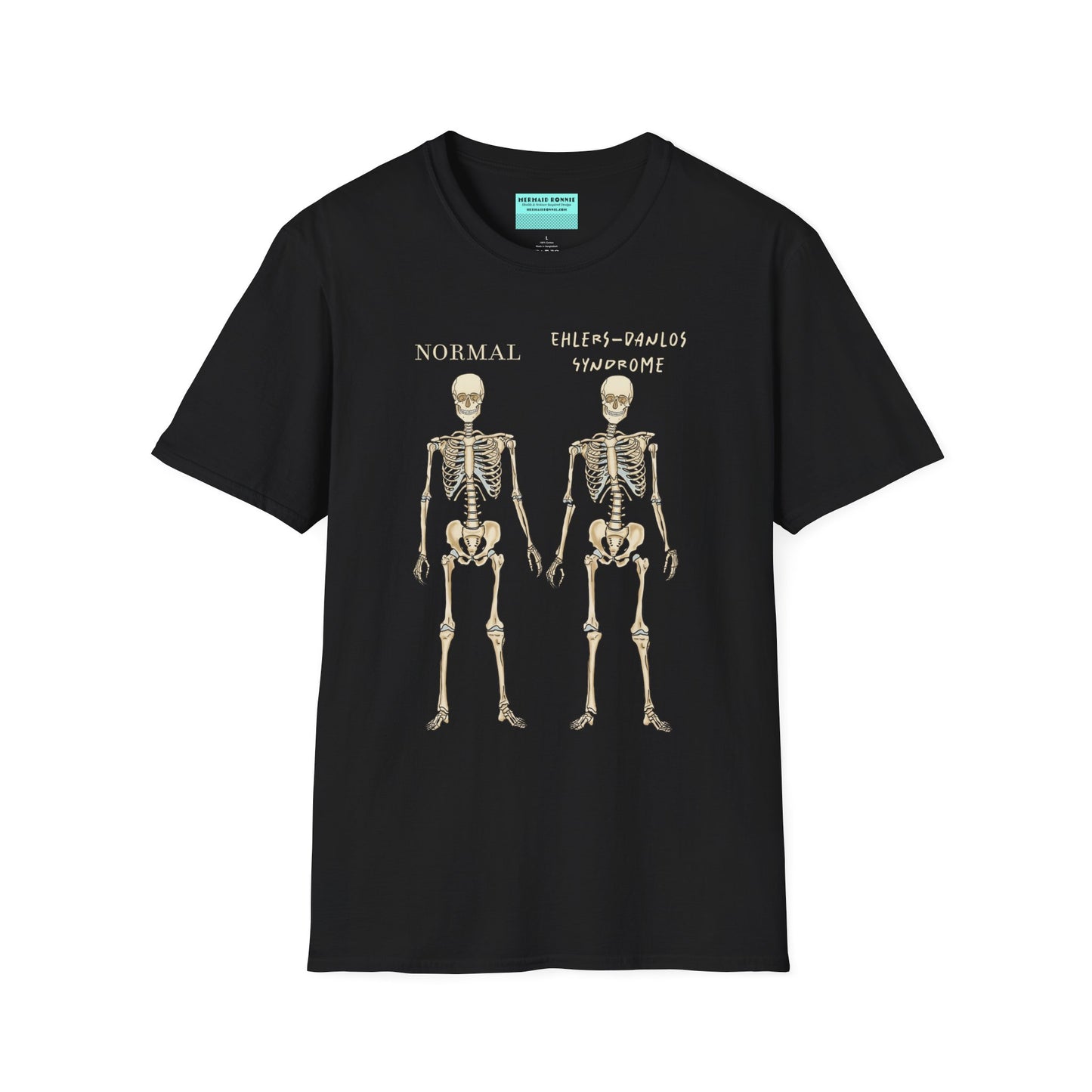 Black unisex short sleeve t-shirt featuring two skeletons side by side—one labeled "normal," the other "Ehlers-Danlos Syndrome"—because connective tissue disorders deserve more visibility (and maybe a sense of humor, too).