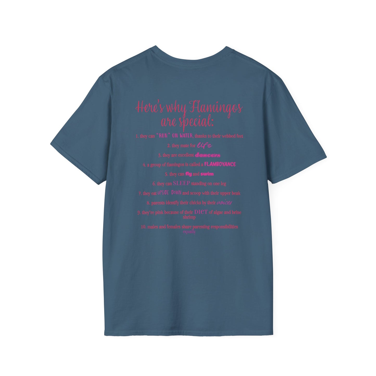 Back of an indigo blue unisex short-sleeve tee that proudly declares “Here’s why flamingos are special” above a list of 10 fun flamingo facts — because nothing says style like bird-based trivia on your back.