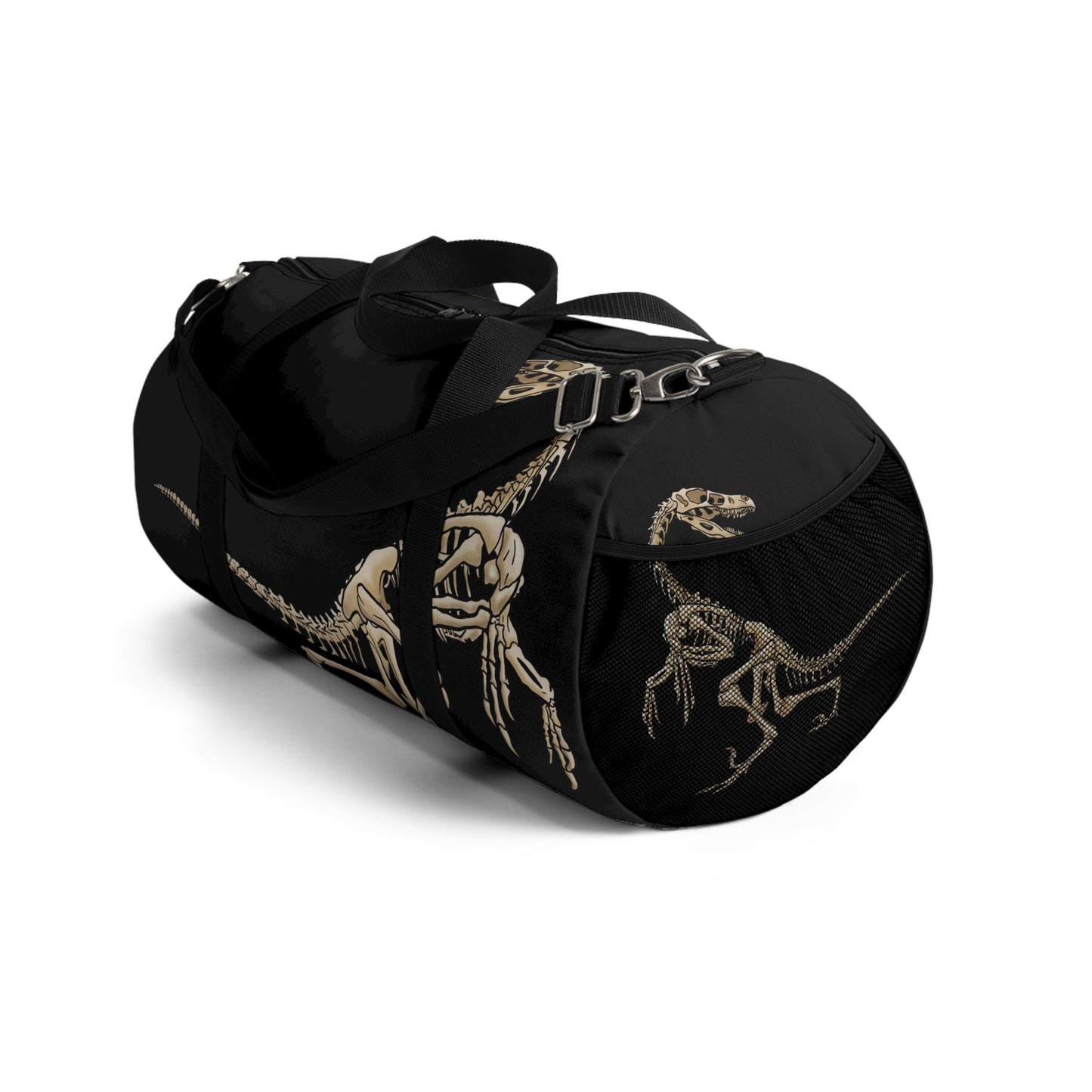 Right view of a black duffel bag with bone-beige illustrations of velociraptor skeleton fossils—perfect for carrying your gear while channeling serious prehistoric predator energy.
