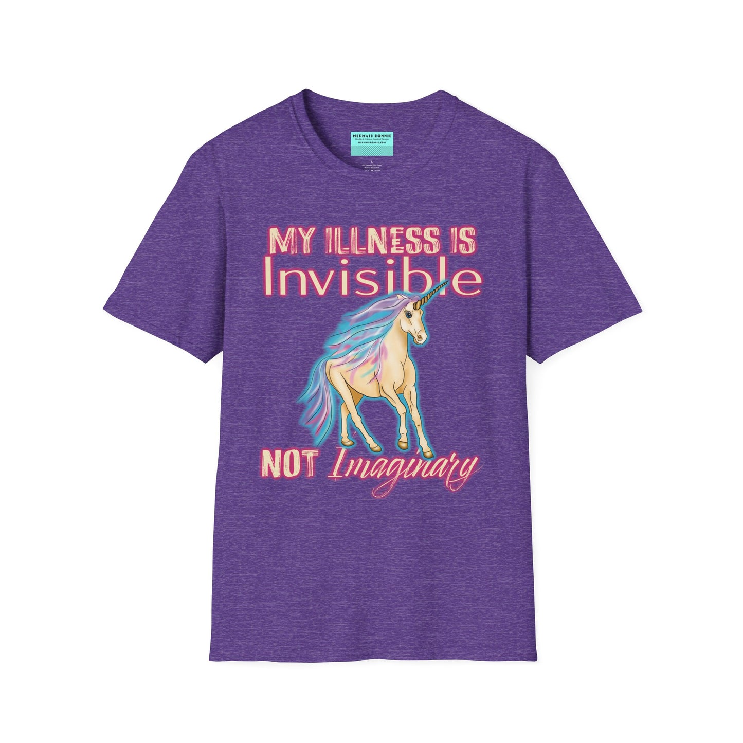 Purple shirt featuring a drawing of a unicorn and the phrase 'My illness is invisible not imaginary'.