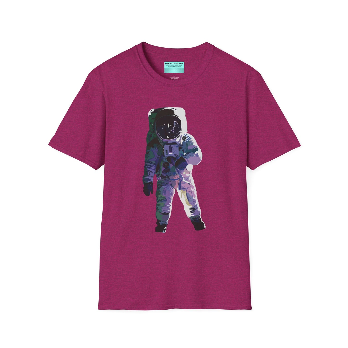 Fuscia t-shirt featuring a drawing of an astronaut in a space suit.
