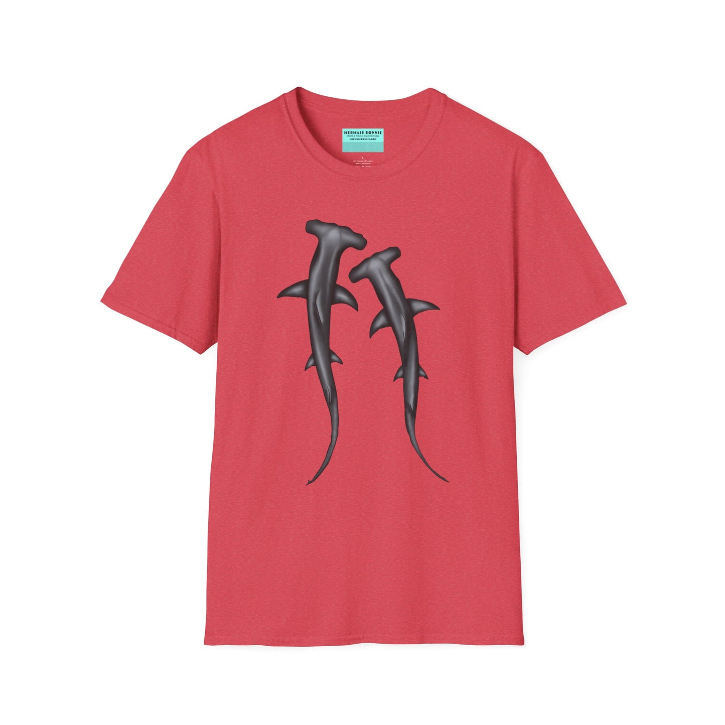 Coral t-shirt featuring an illustration of two hammerhead sharks.