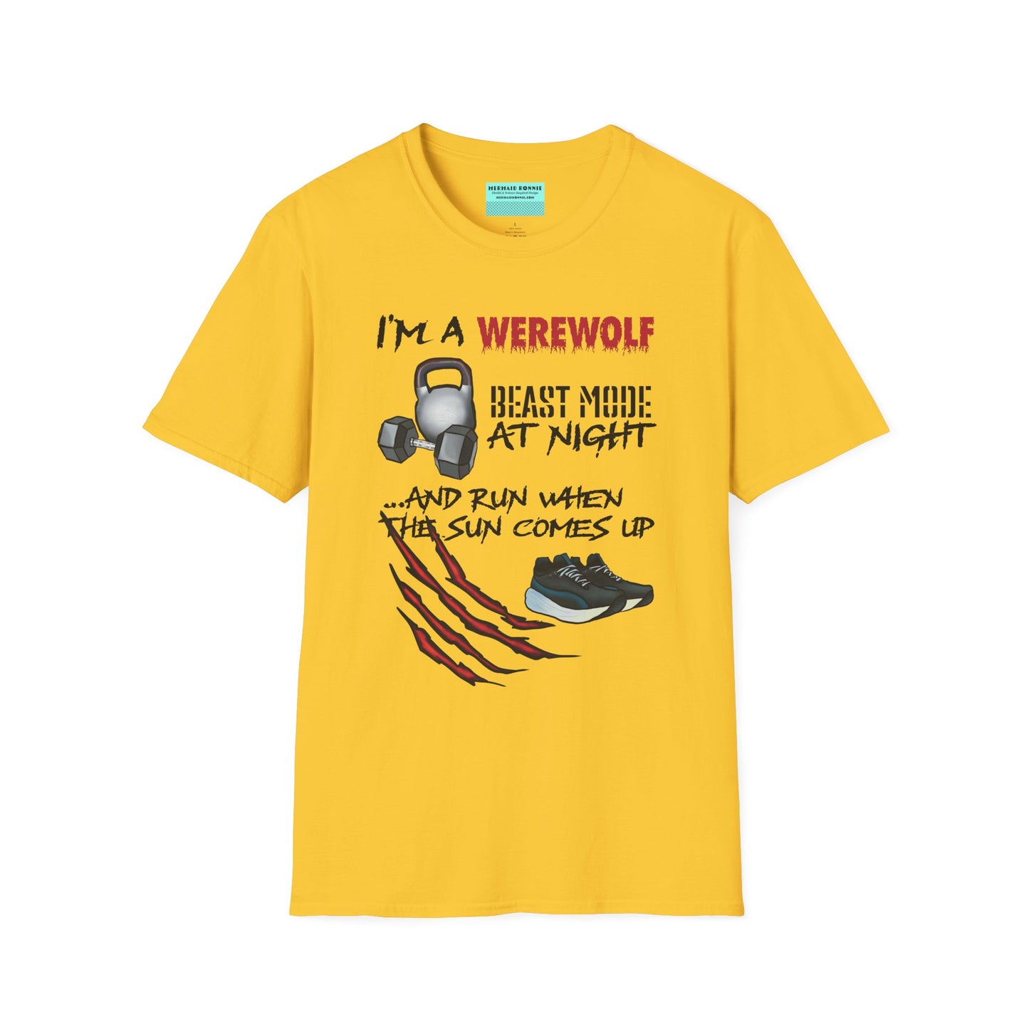 Yellow t-shirt featuring illustrations of kettlebells, dumbbells, and running shoes, with the phrase 'I'm a werewolf. Beast mode at night, and run when the sun comes up.'
