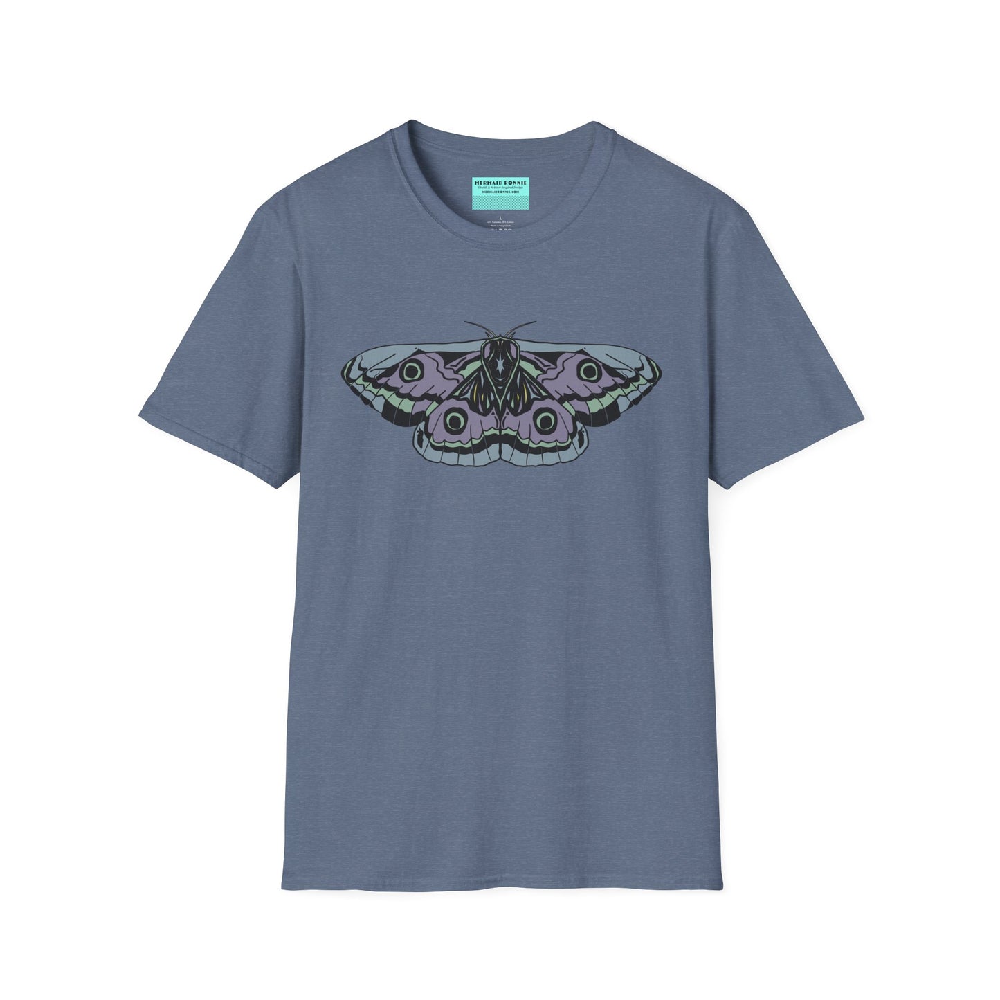 Blue t-shirt featuring a drawing of a blue and purple moth.