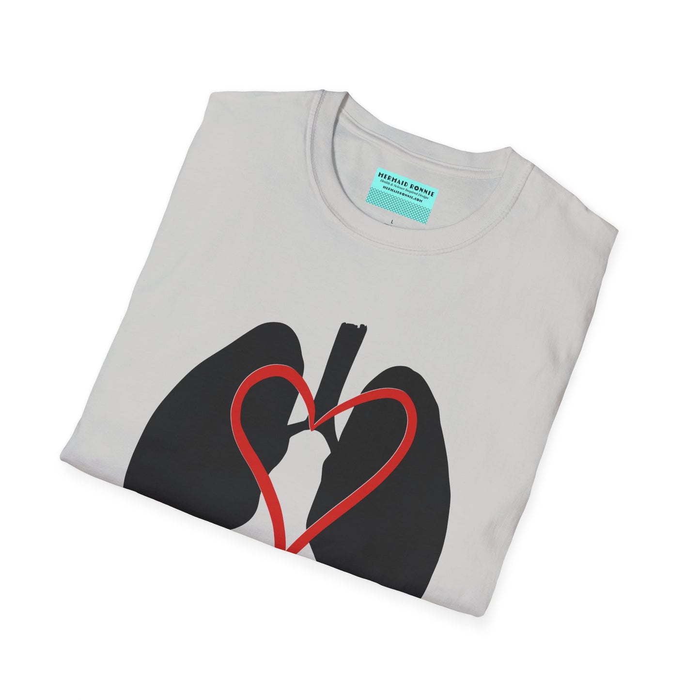 Folded grey unisex short sleeve t-shirt with a graphic illustration of a heart and lungs; the words "respiratory therapist" are printed below the design.