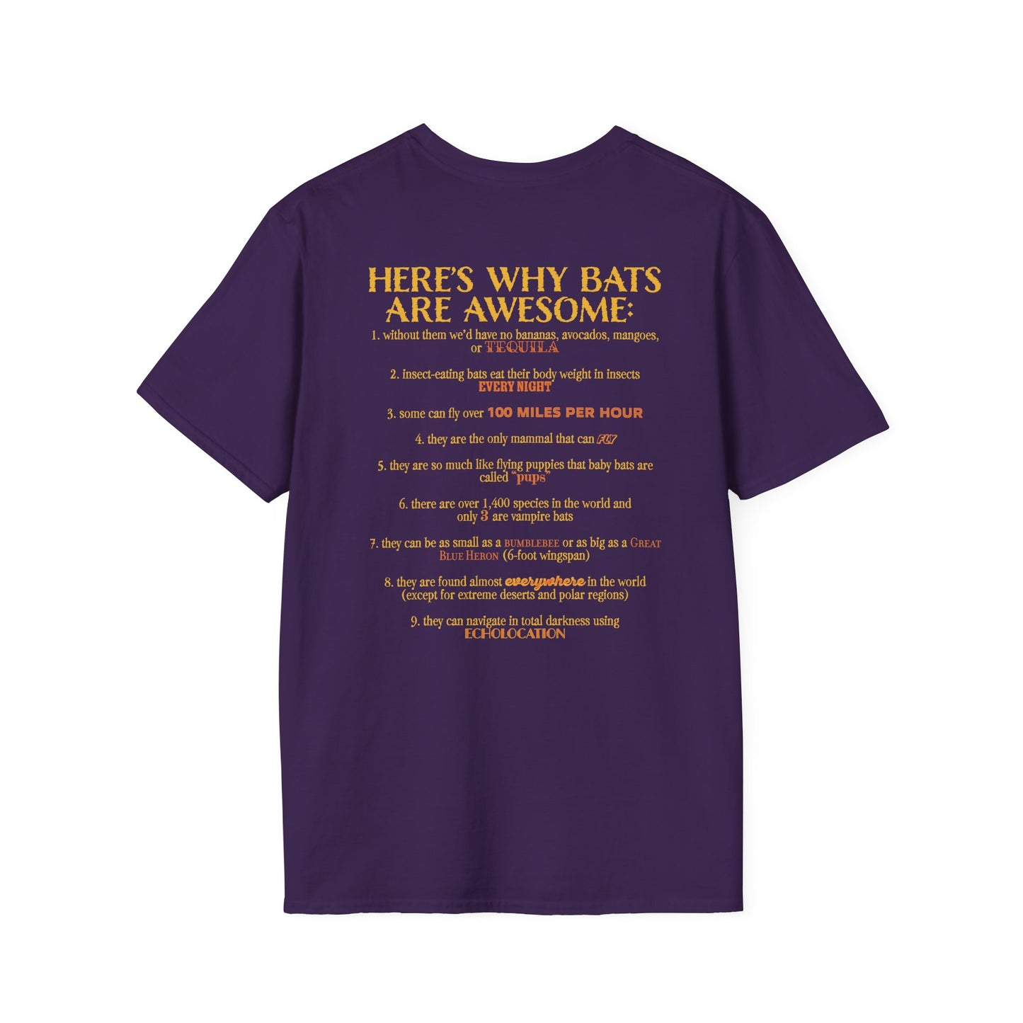 Back of a purple t-shirt that reads “Here’s why bats are awesome,” followed by a fun list of 9 bat facts—because who doesn’t want wearable proof that bats are the underrated rockstars of the animal kingdom?