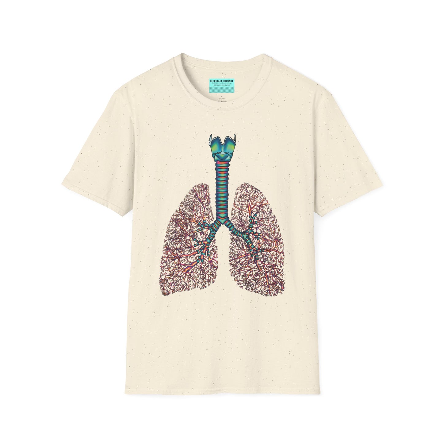 Beige t-shirt featuring an illustration of anatomical lungs, including the bronchi, trachea, and larynx.